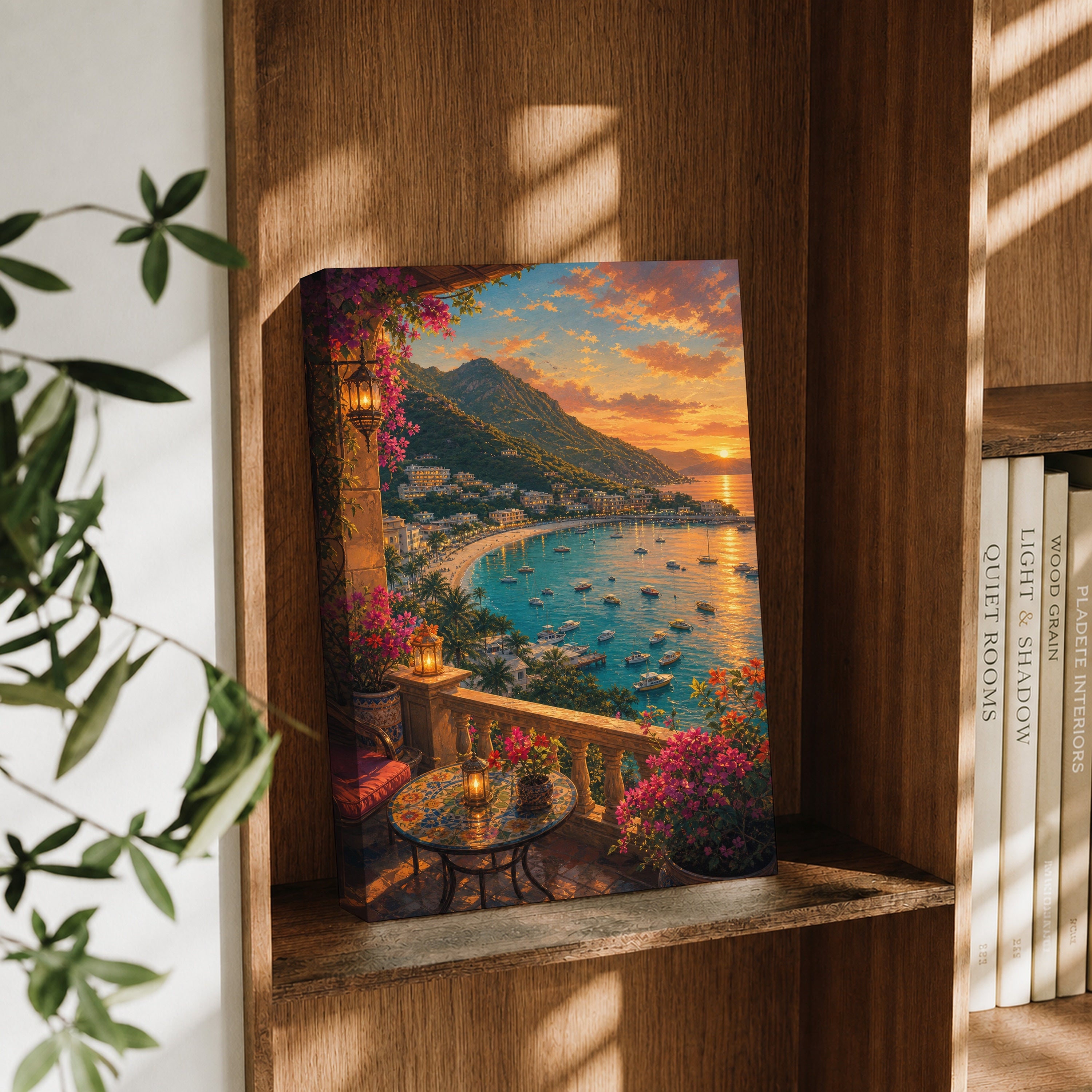 Sunset Bay Terrace Cafe canvas wall art decor mockup by Seji Art
