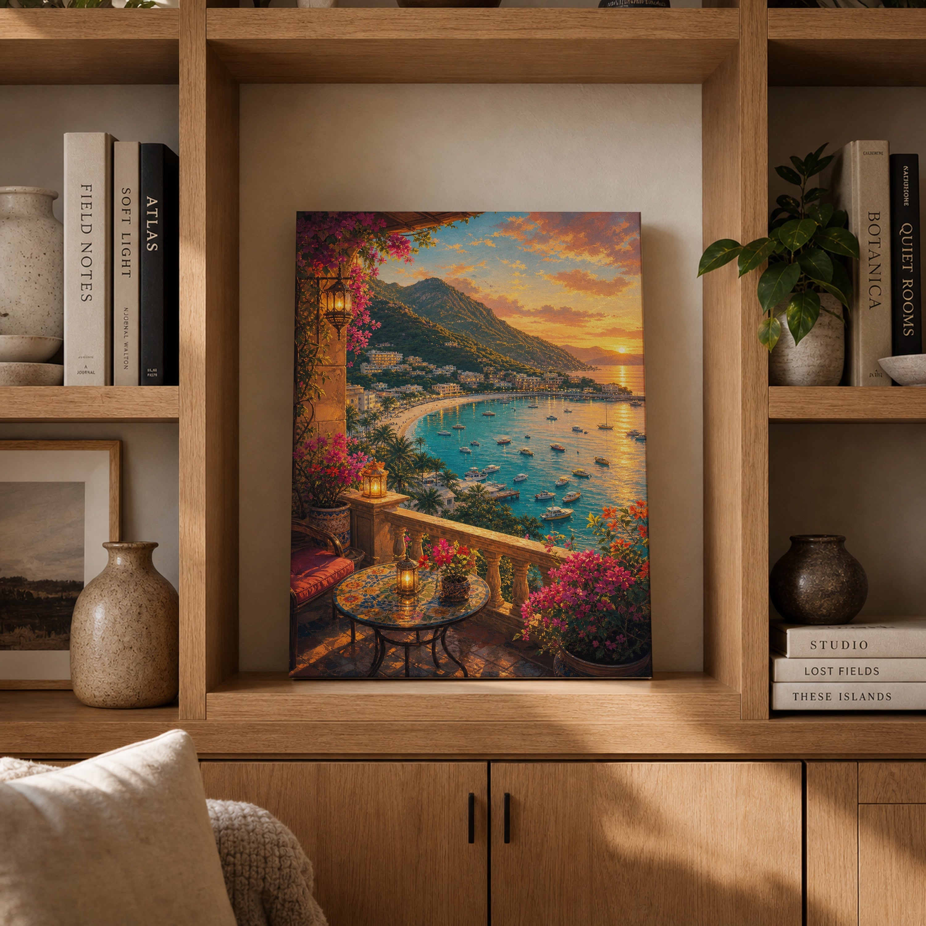 Sunset Bay Terrace Cafe canvas gallery shelf mockup by Seji Art