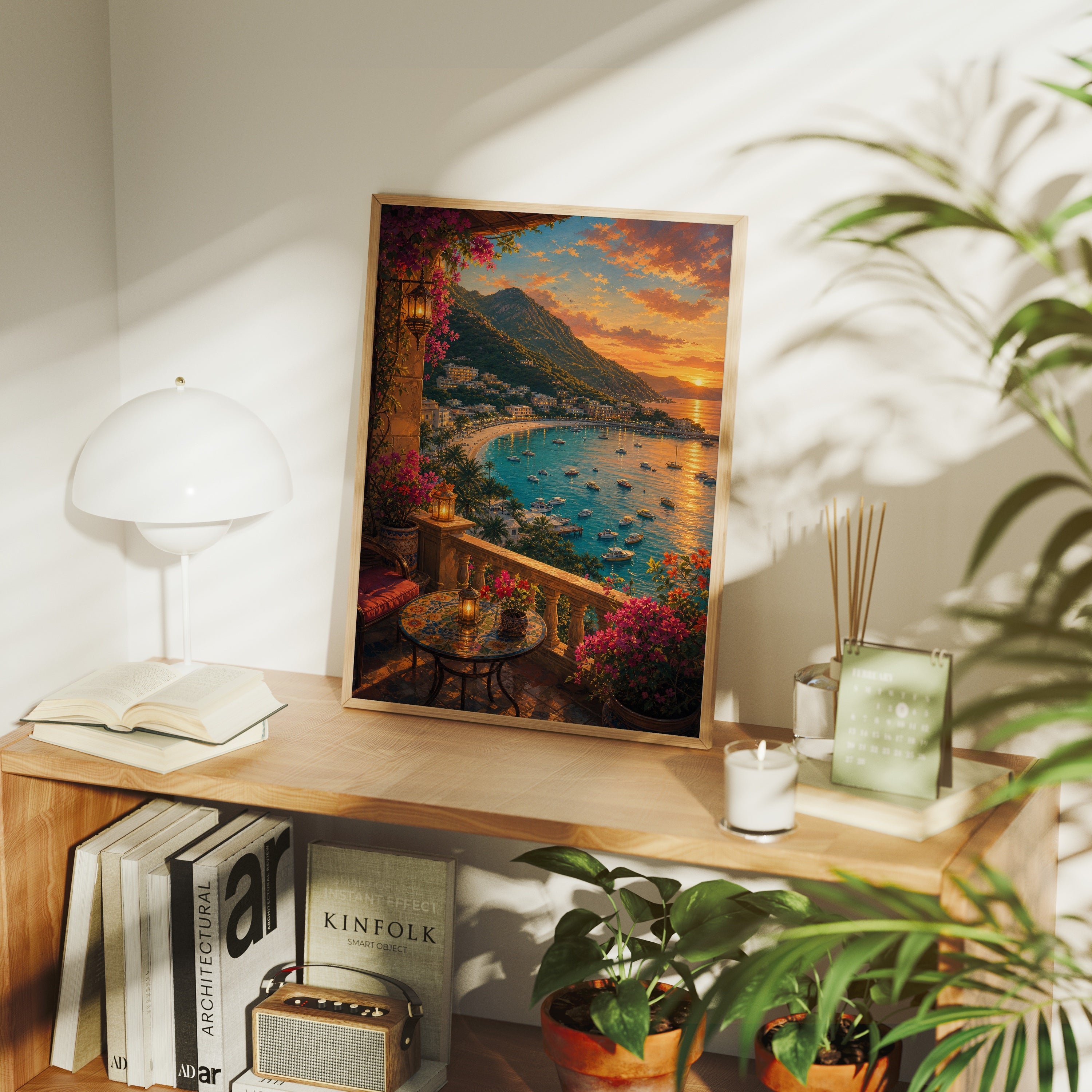 Sunset Bay Terrace Cafe poster framed room mockup by Seji Art