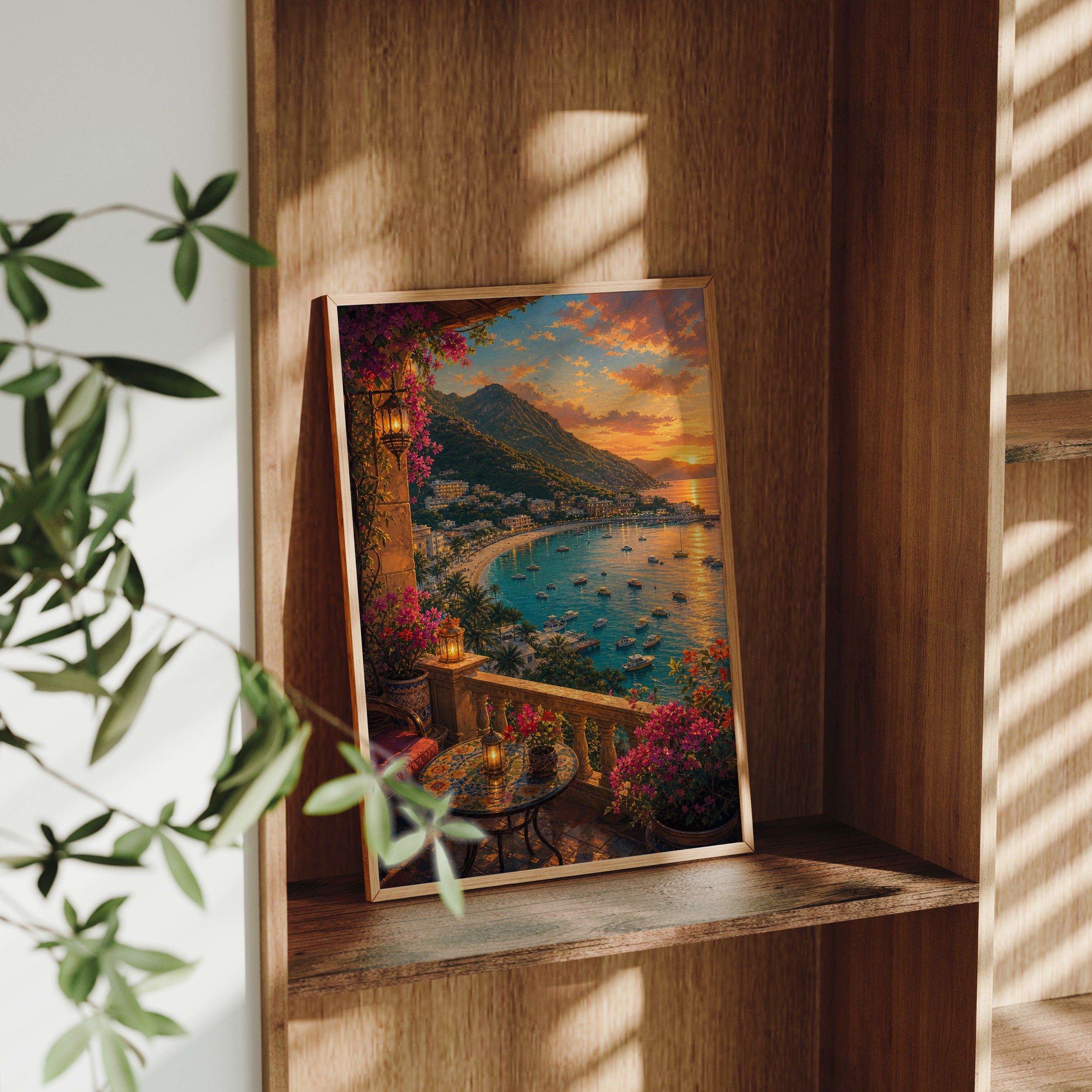Sunset Bay Terrace Cafe poster gallery shelf mockup by Seji Art