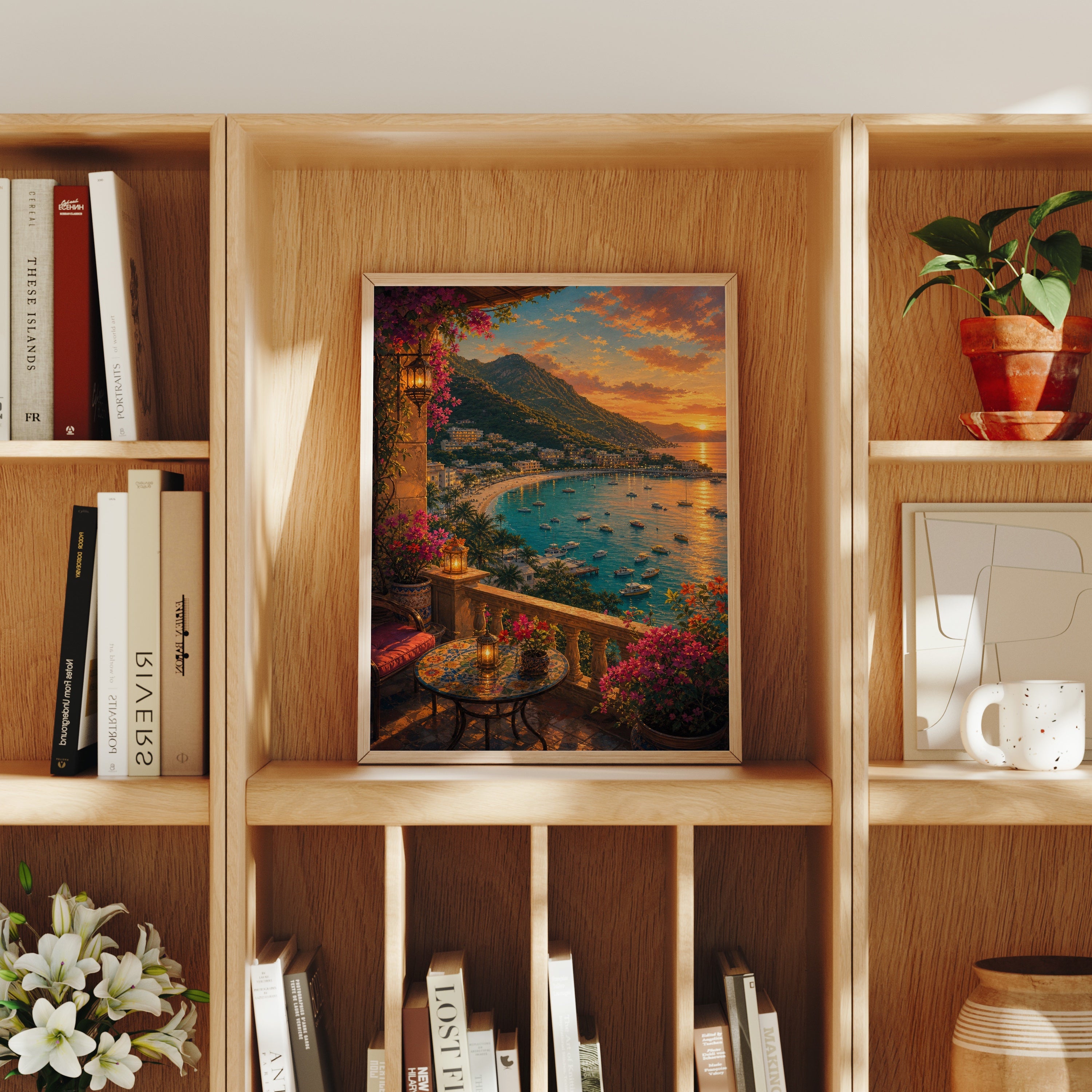 Sunset Bay Terrace Cafe poster home decor mockup by Seji Art