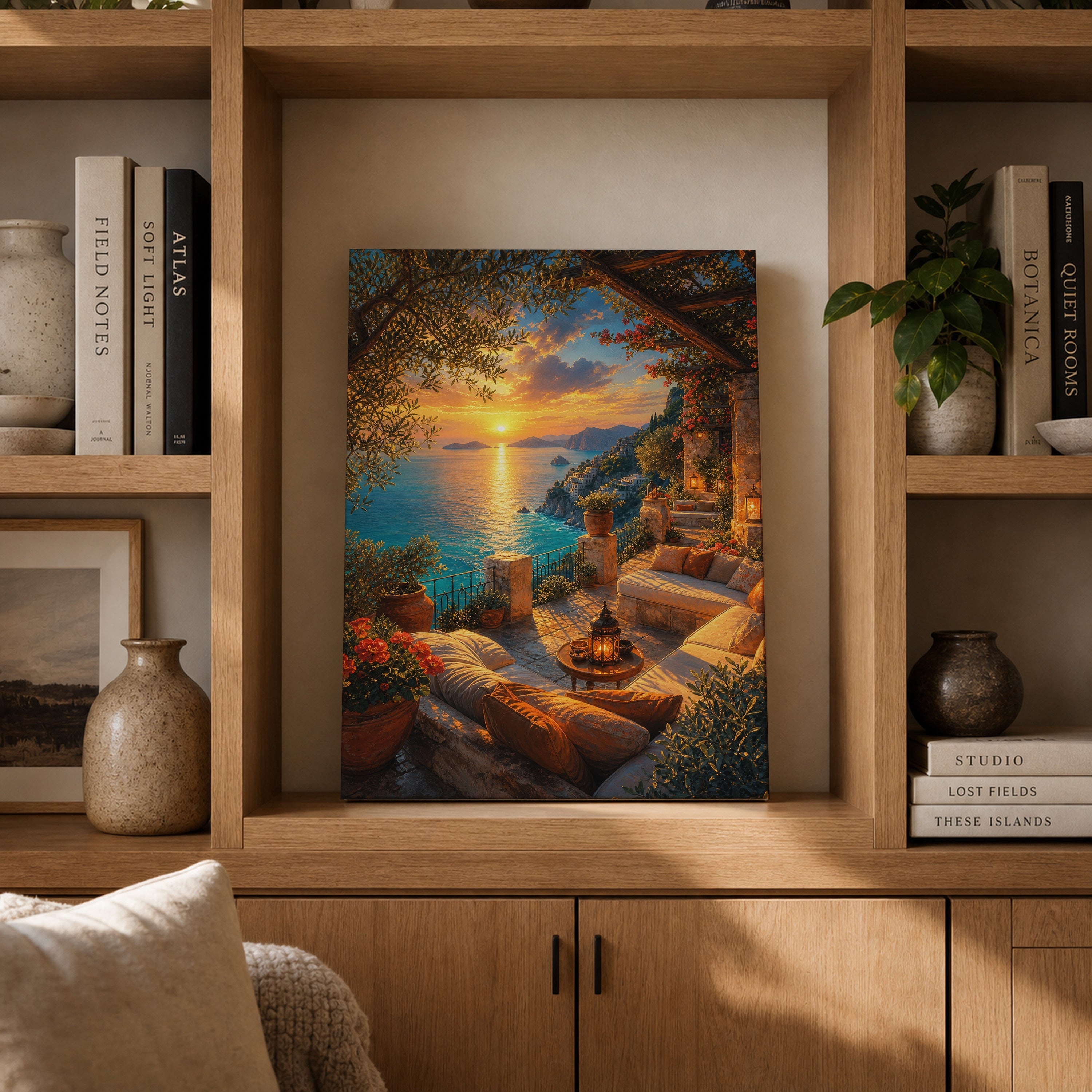 Sunset Cove Lounge Terrace canvas gallery shelf mockup by Seji Art