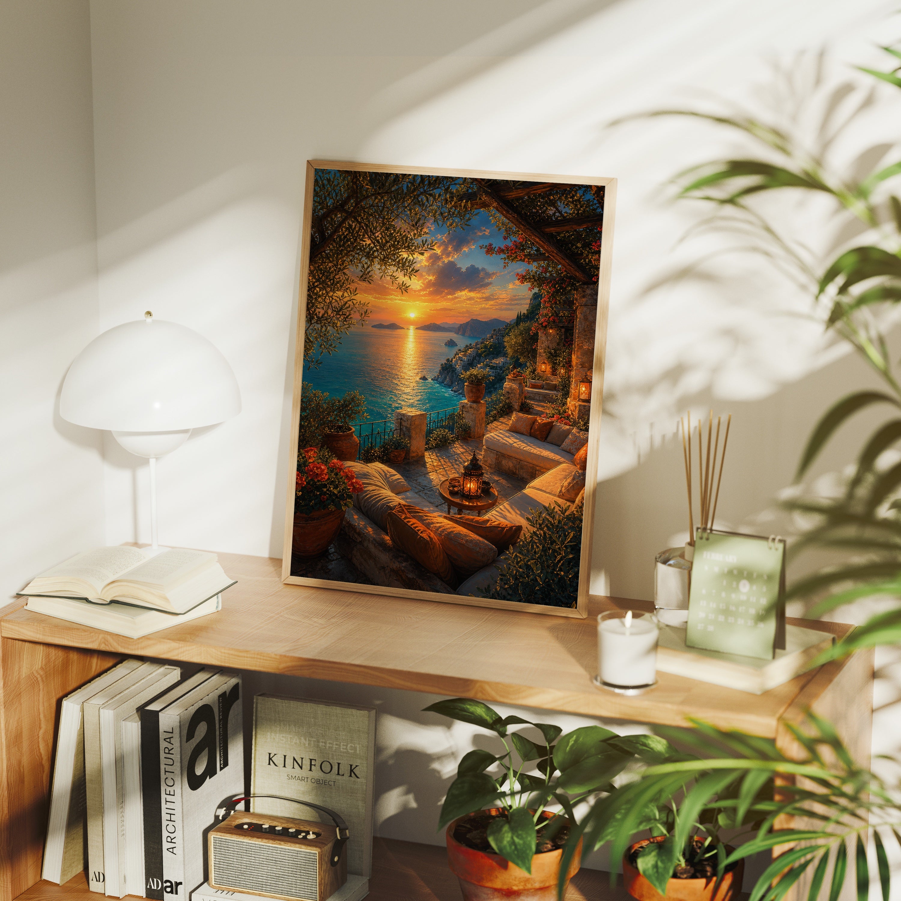 Sunset Cove Lounge Terrace poster framed room mockup by Seji Art