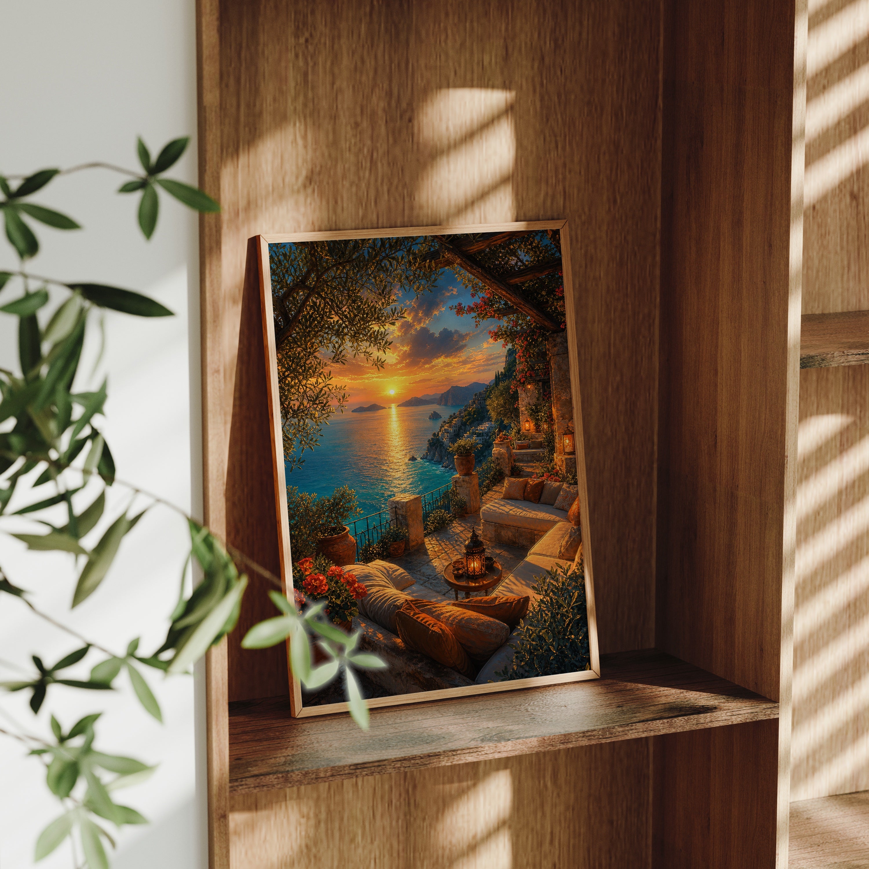 Sunset Cove Lounge Terrace poster gallery shelf mockup by Seji Art