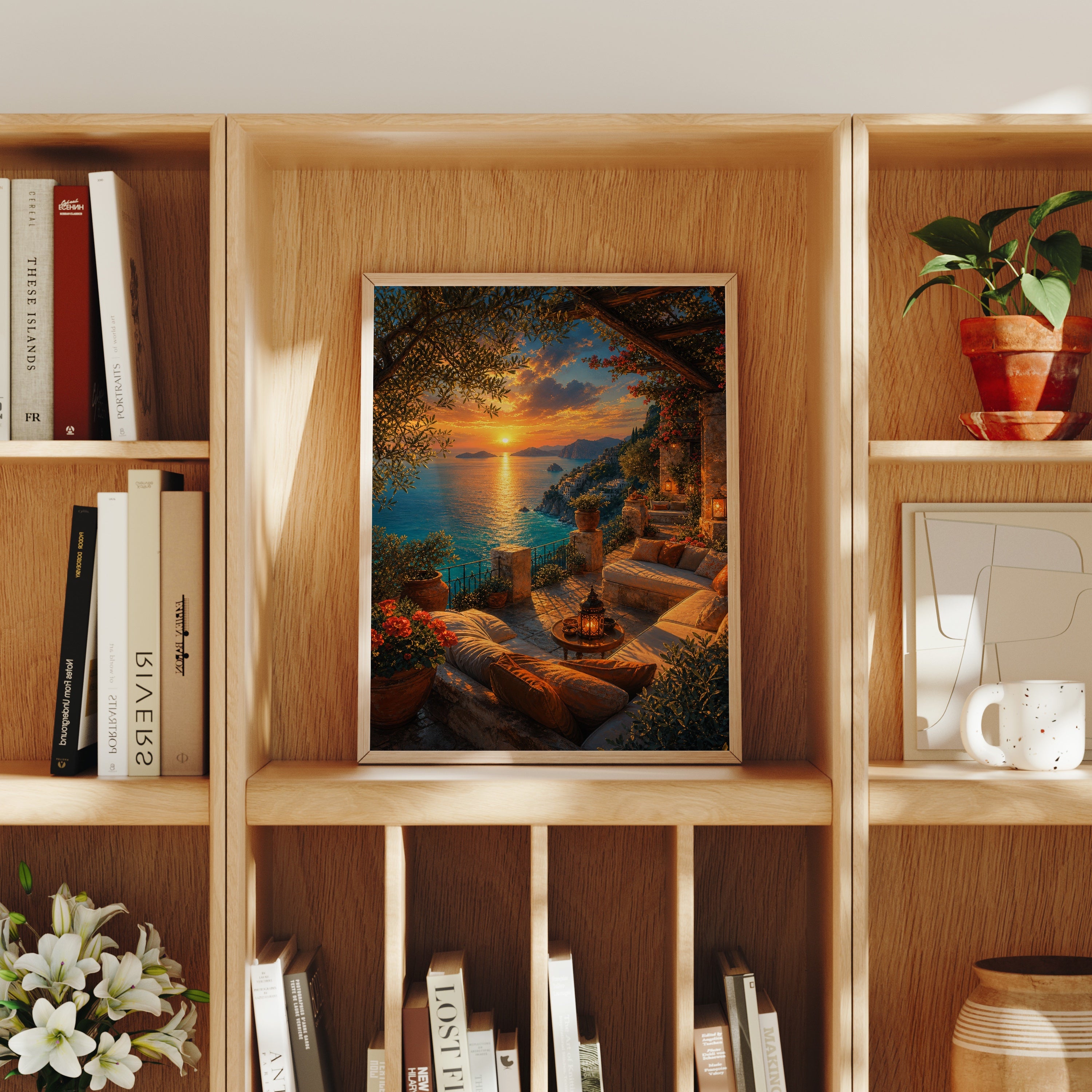 Sunset Cove Lounge Terrace poster home decor mockup by Seji Art