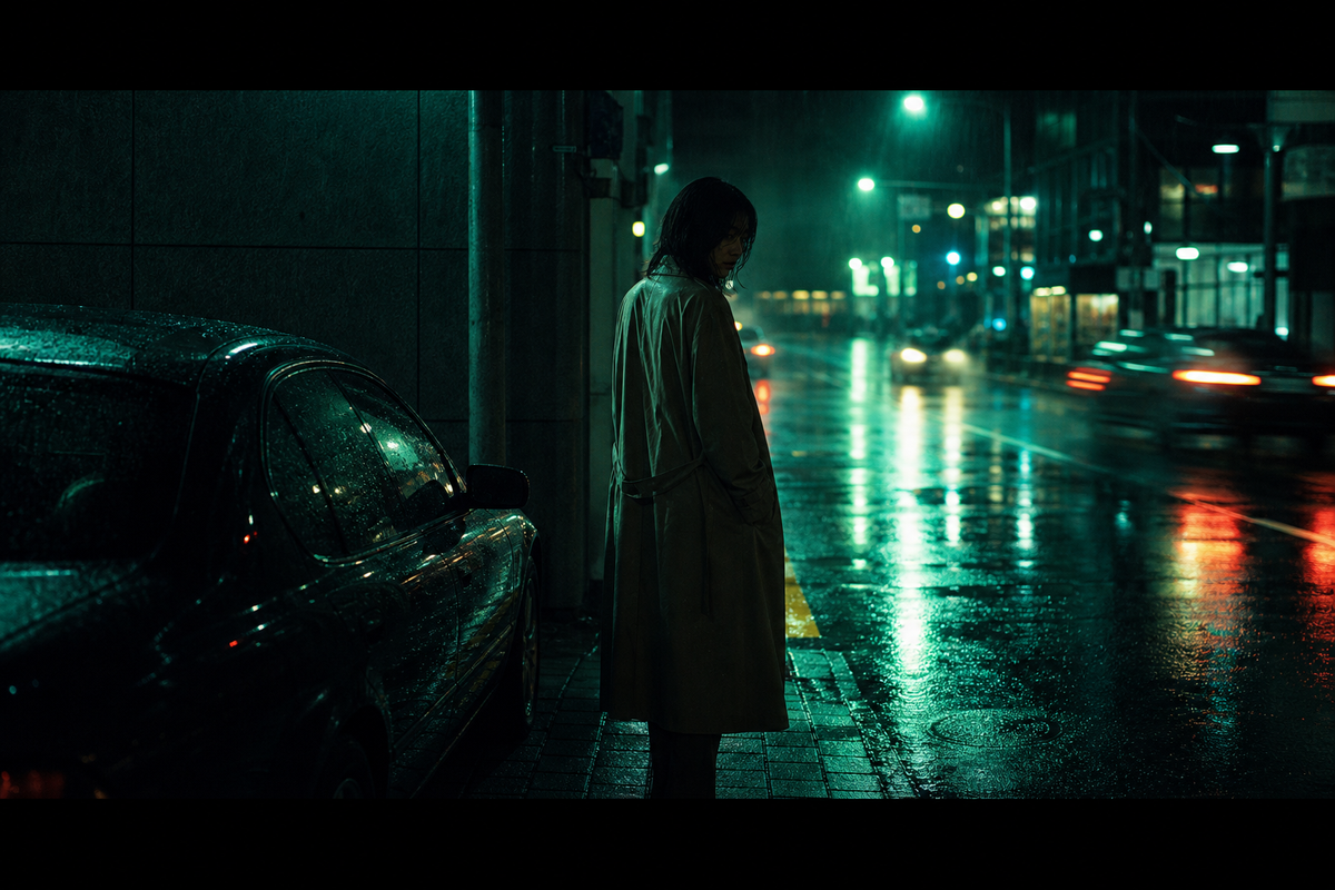 Teal Rain Curbside Night Wall Art Print