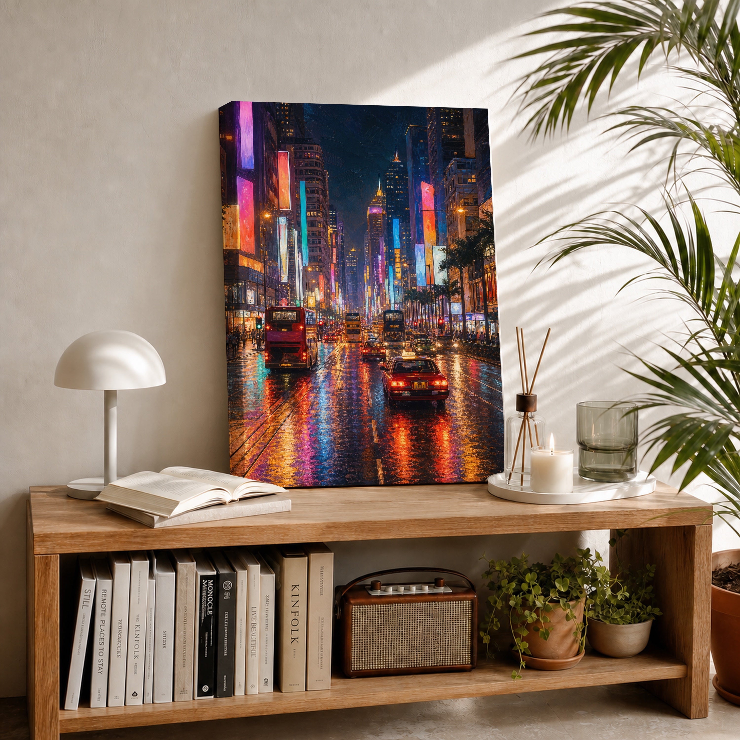 Tokyo Neon Rain Avenue canvas room mockup by Seji Art
