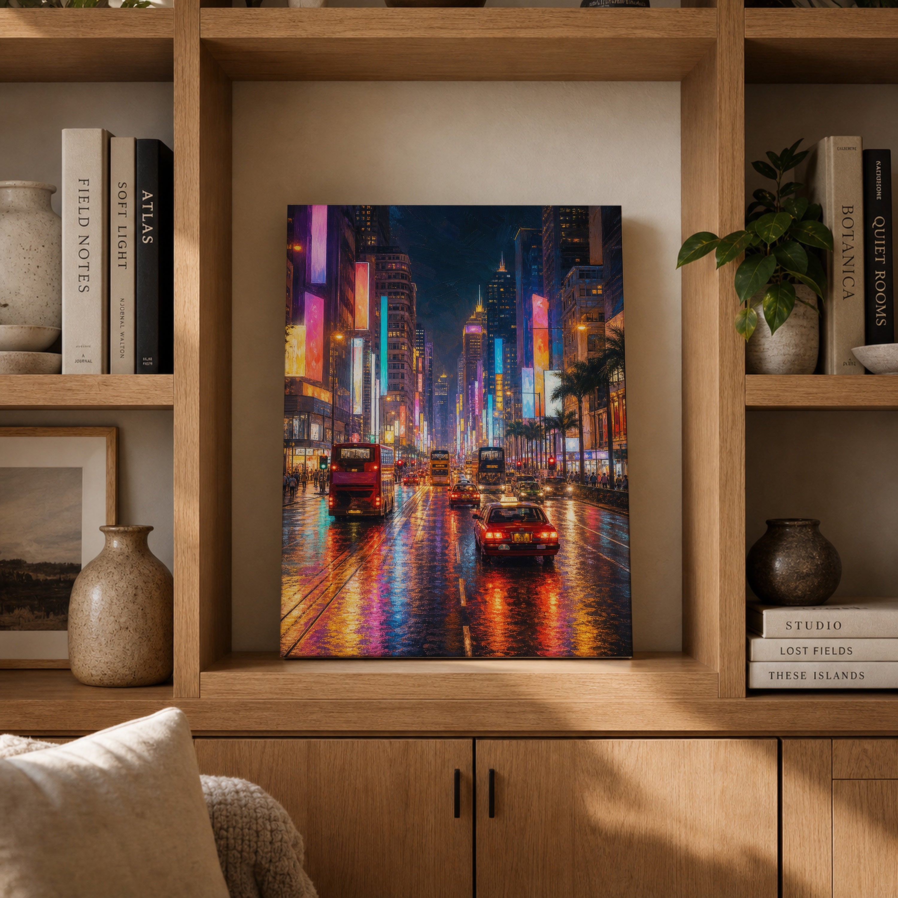 Tokyo Neon Rain Avenue canvas gallery shelf mockup by Seji Art