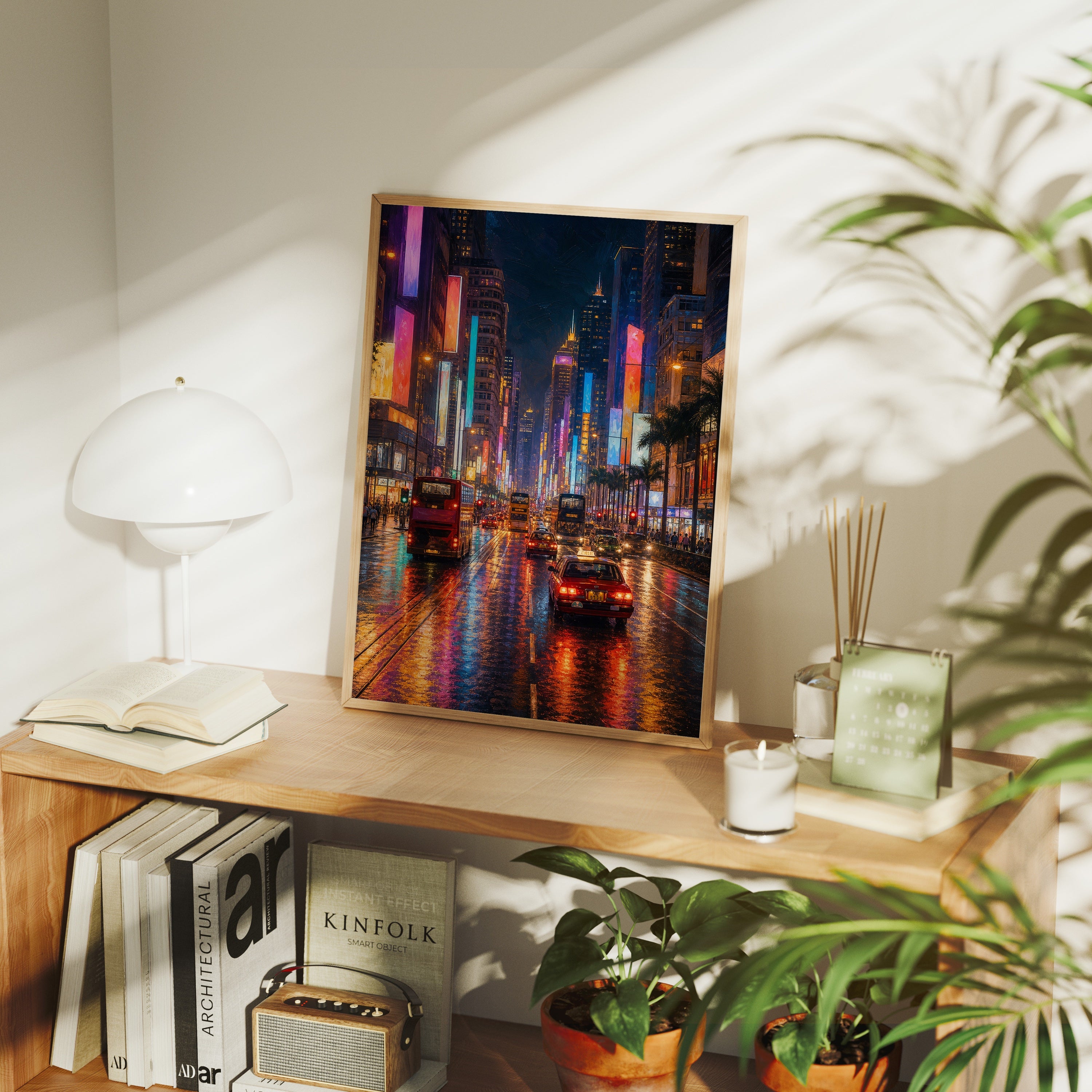 Tokyo Neon Rain Avenue poster framed room mockup by Seji Art