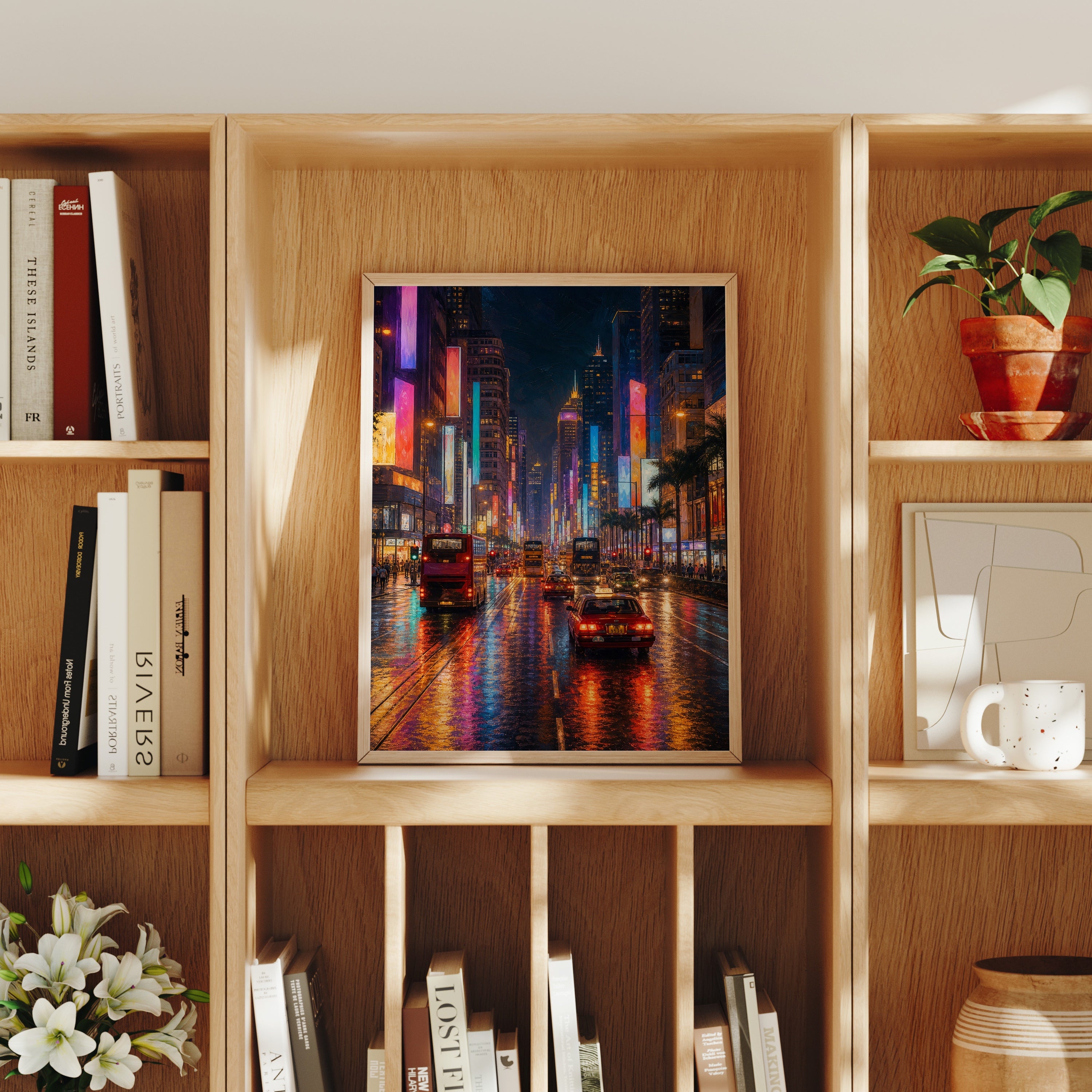 Tokyo Neon Rain Avenue poster home decor mockup by Seji Art