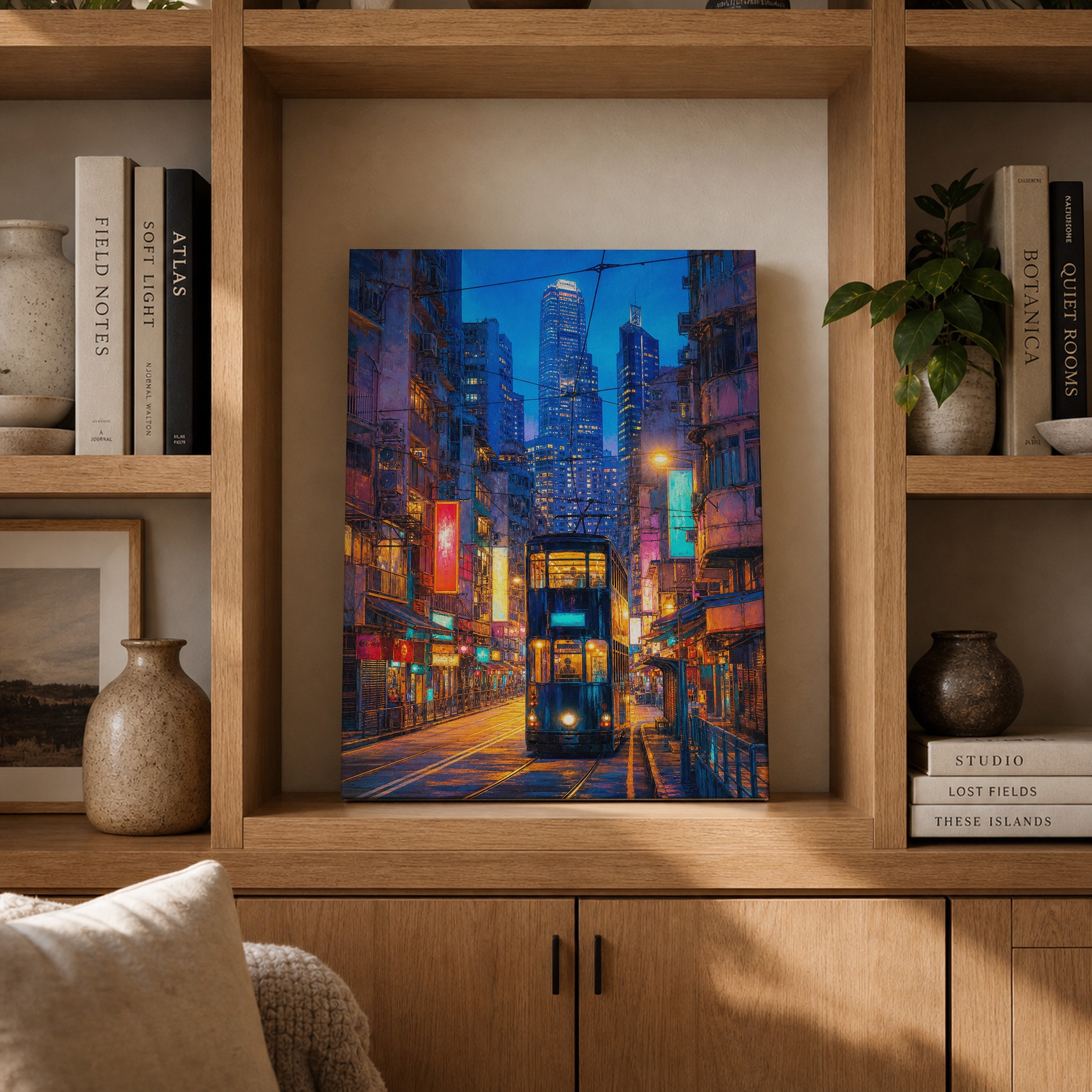 Tokyo Neon Rain Crosswalk canvas gallery shelf mockup by Seji Art