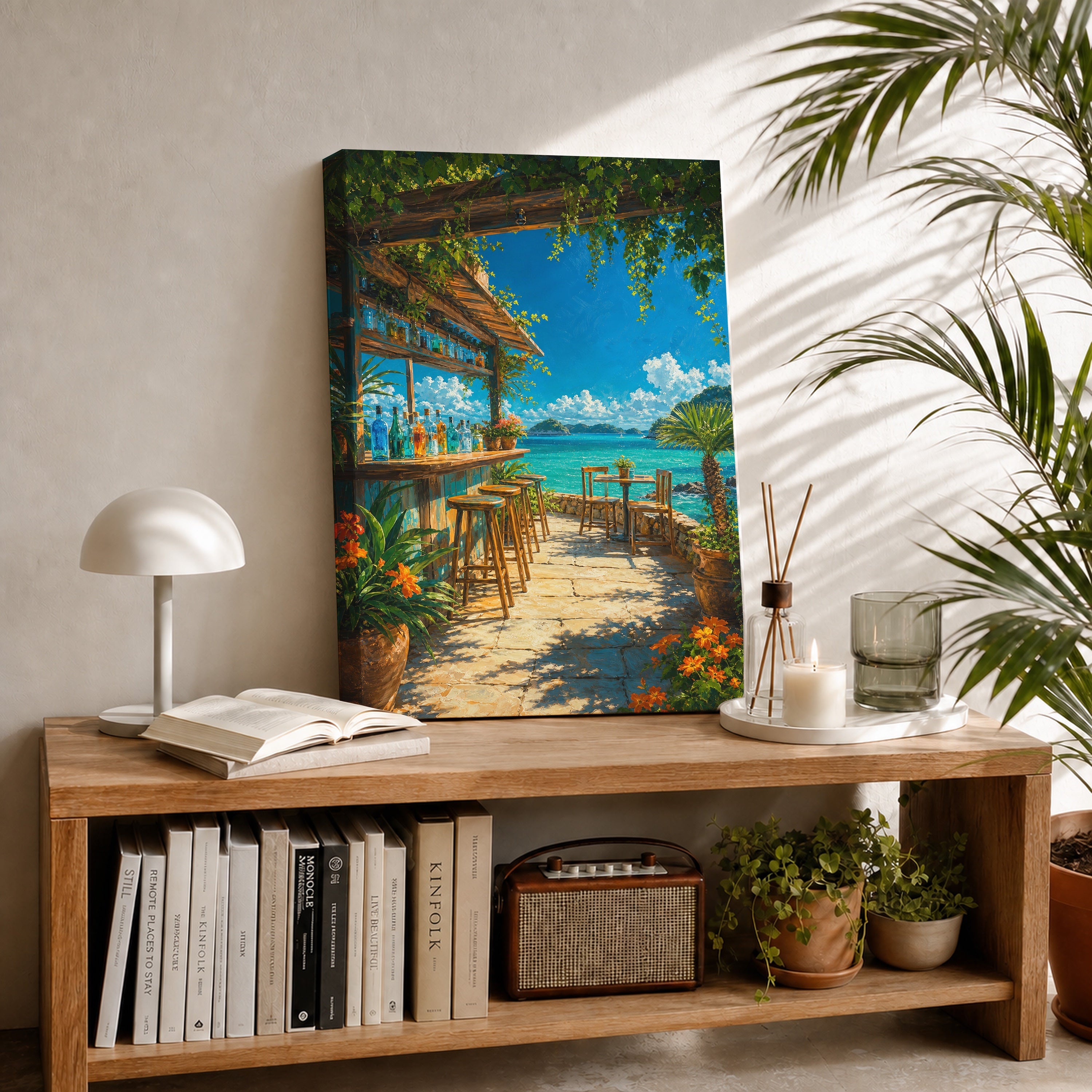 Tropical Beachside Cafe Terrace canvas room mockup by Seji Art