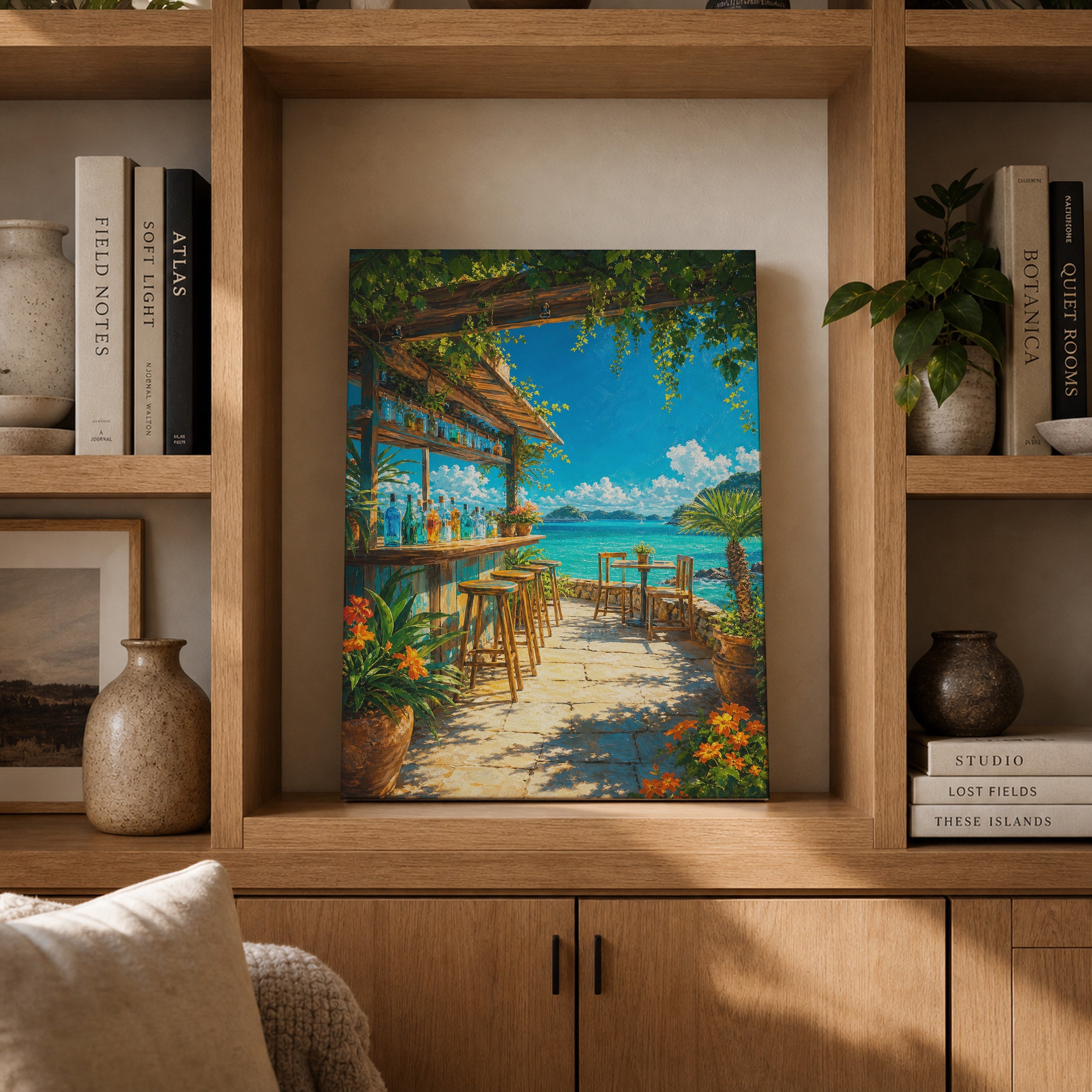 Tropical Beachside Cafe Terrace canvas gallery shelf mockup by Seji Art