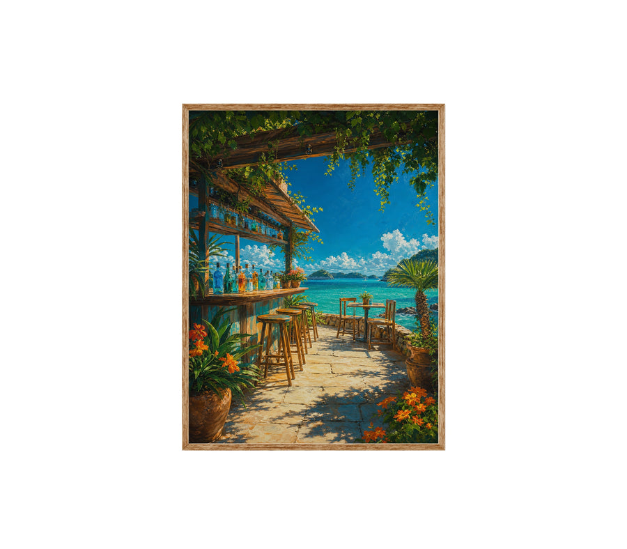 Tropical Beachside Cafe Terrace poster print preview by Seji Art
