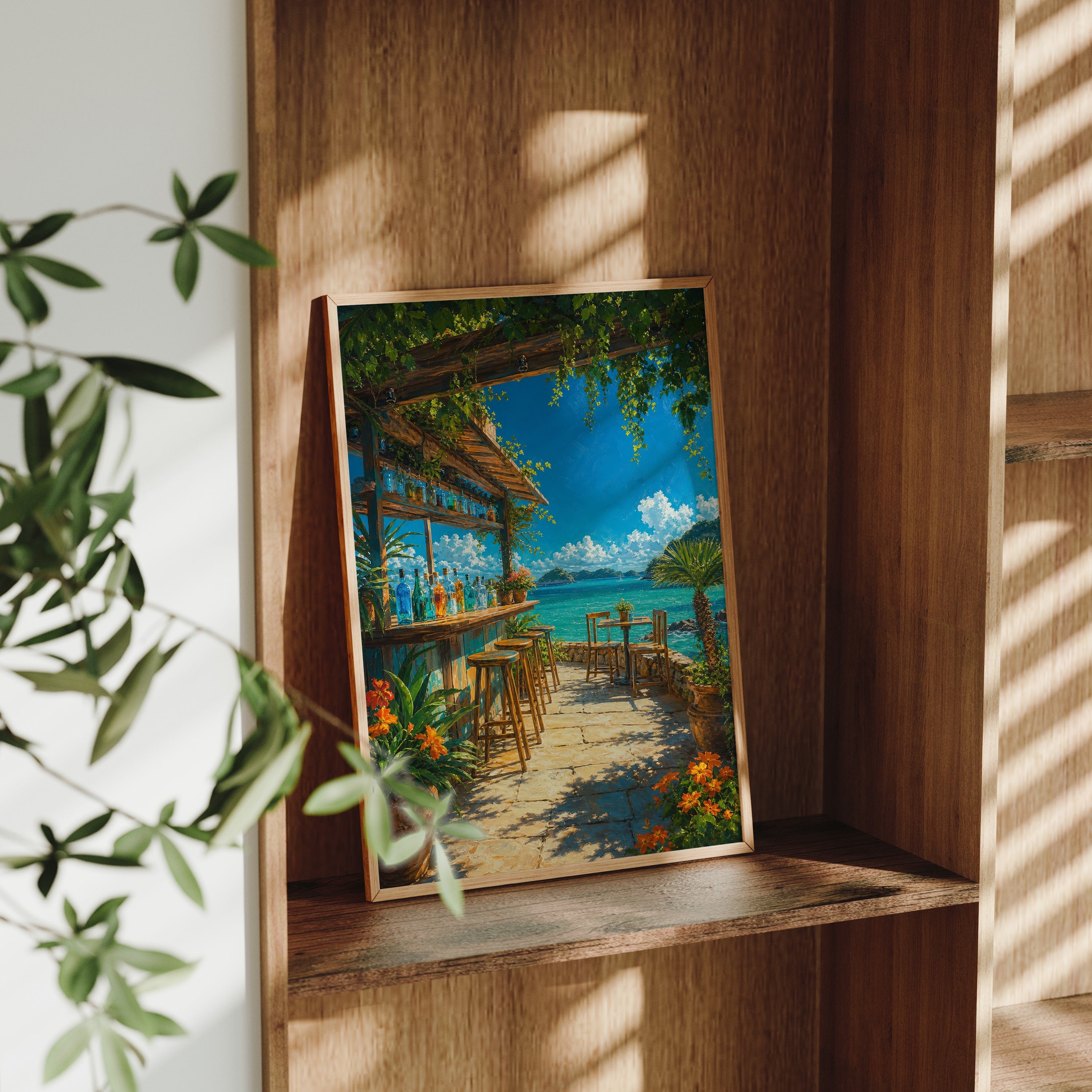 Tropical Beachside Cafe Terrace poster gallery shelf mockup by Seji Art