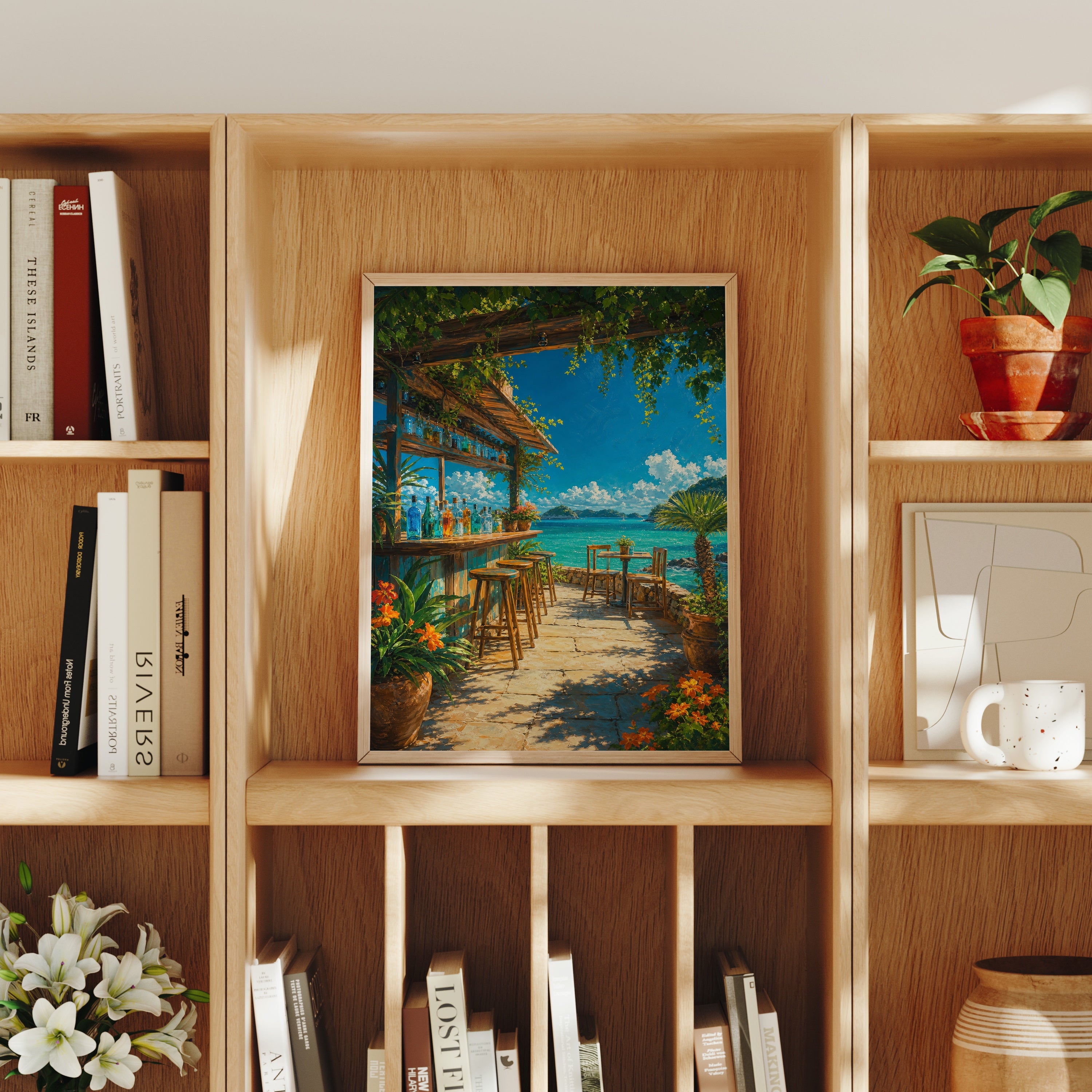 Tropical Beachside Cafe Terrace poster home decor mockup by Seji Art
