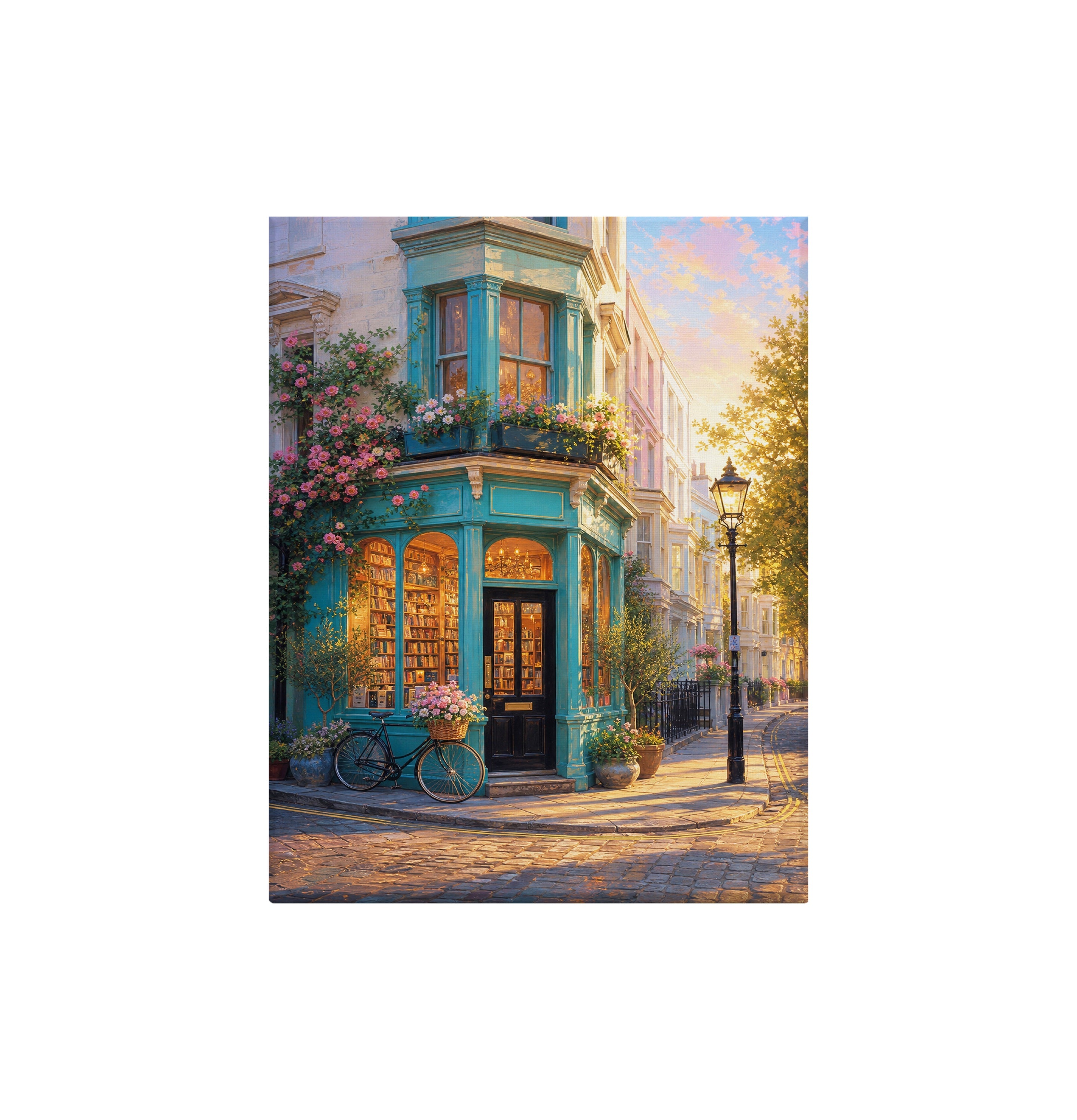 Turquoise Corner Cafe Sunset canvas wall art preview by Seji Art