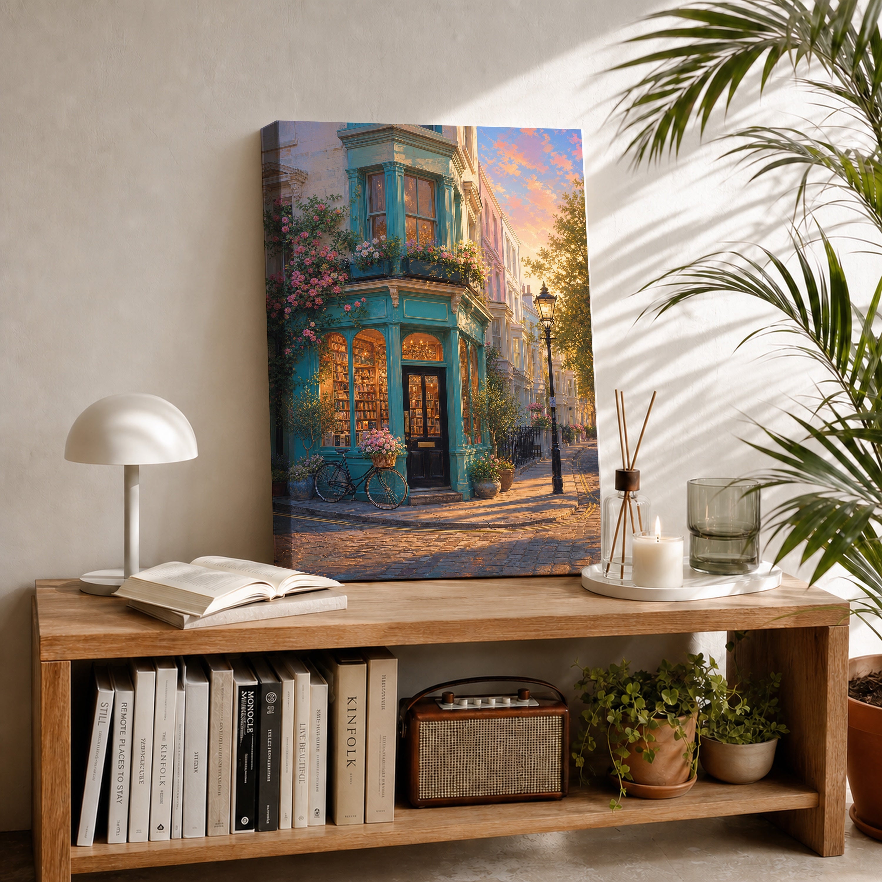 Turquoise Corner Cafe Sunset canvas room mockup by Seji Art