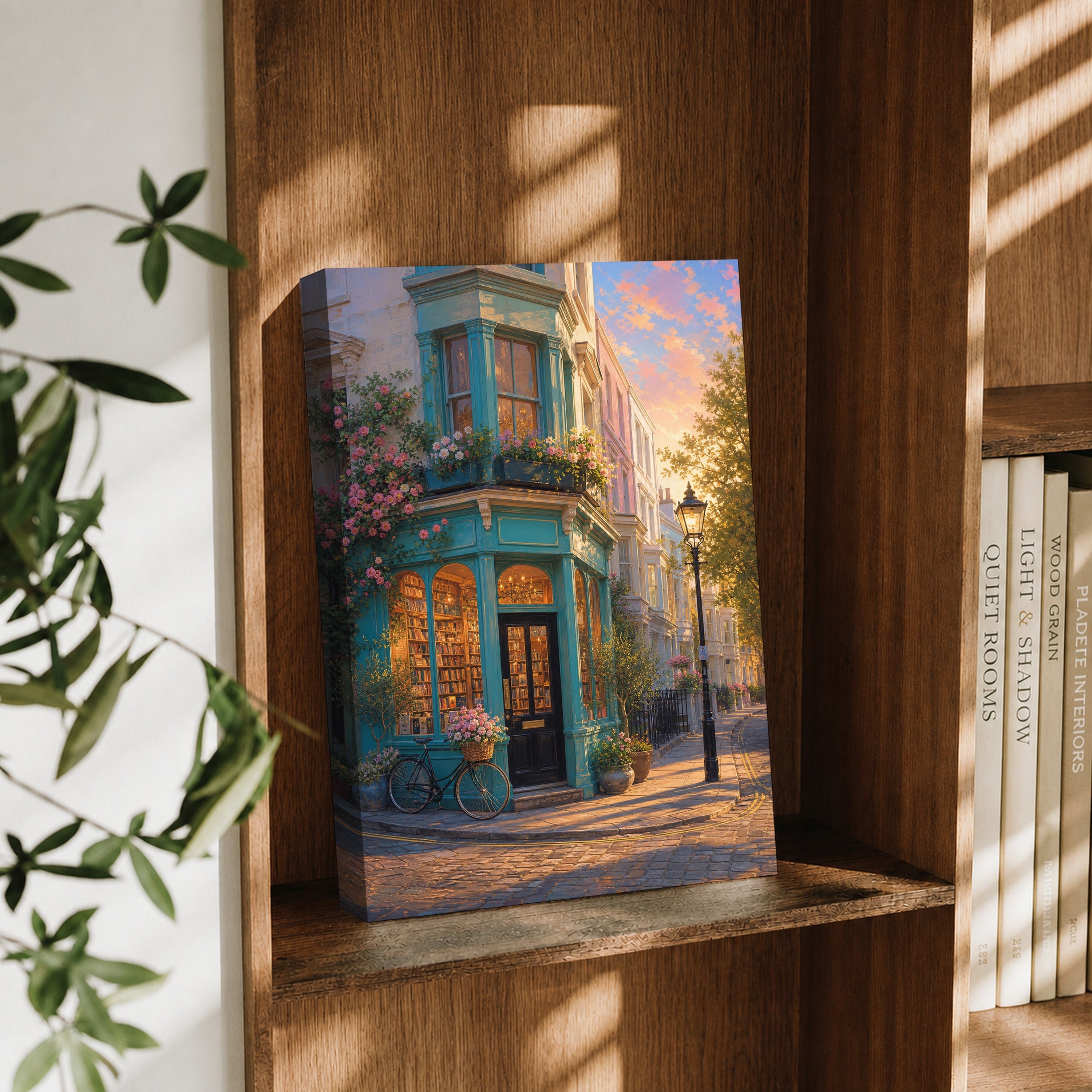 Turquoise Corner Cafe Sunset canvas wall art decor mockup by Seji Art