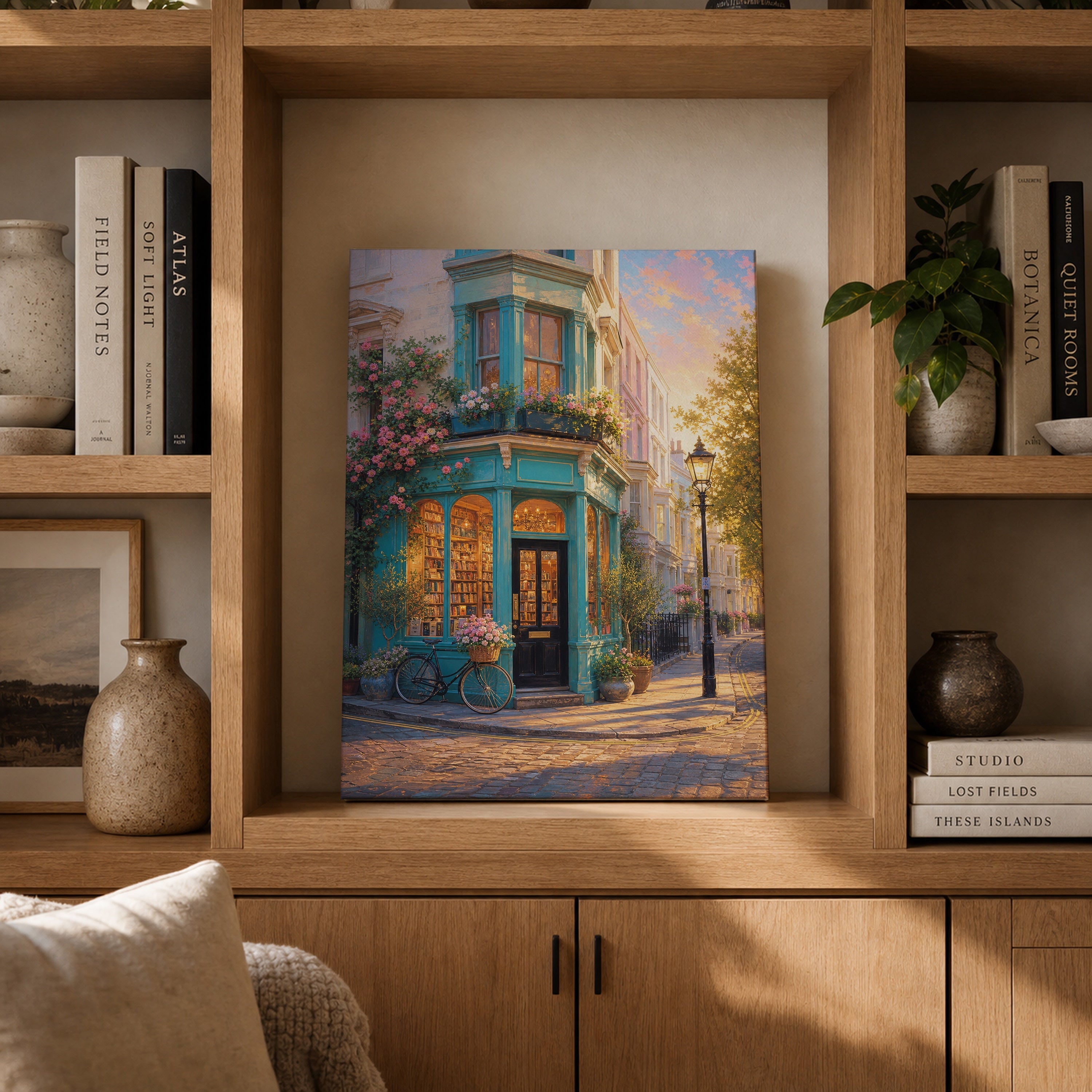 Turquoise Corner Cafe Sunset canvas gallery shelf mockup by Seji Art