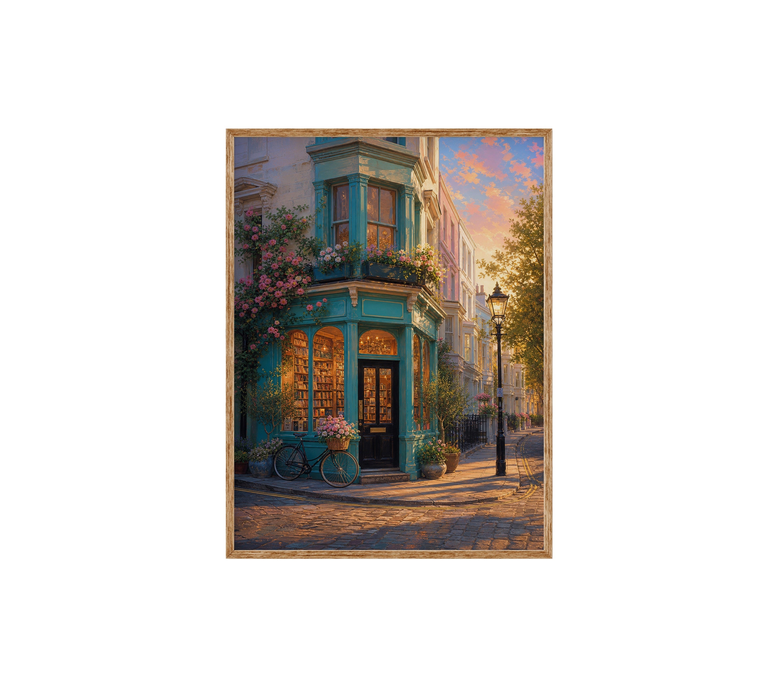 Turquoise Corner Cafe Sunset poster print preview by Seji Art