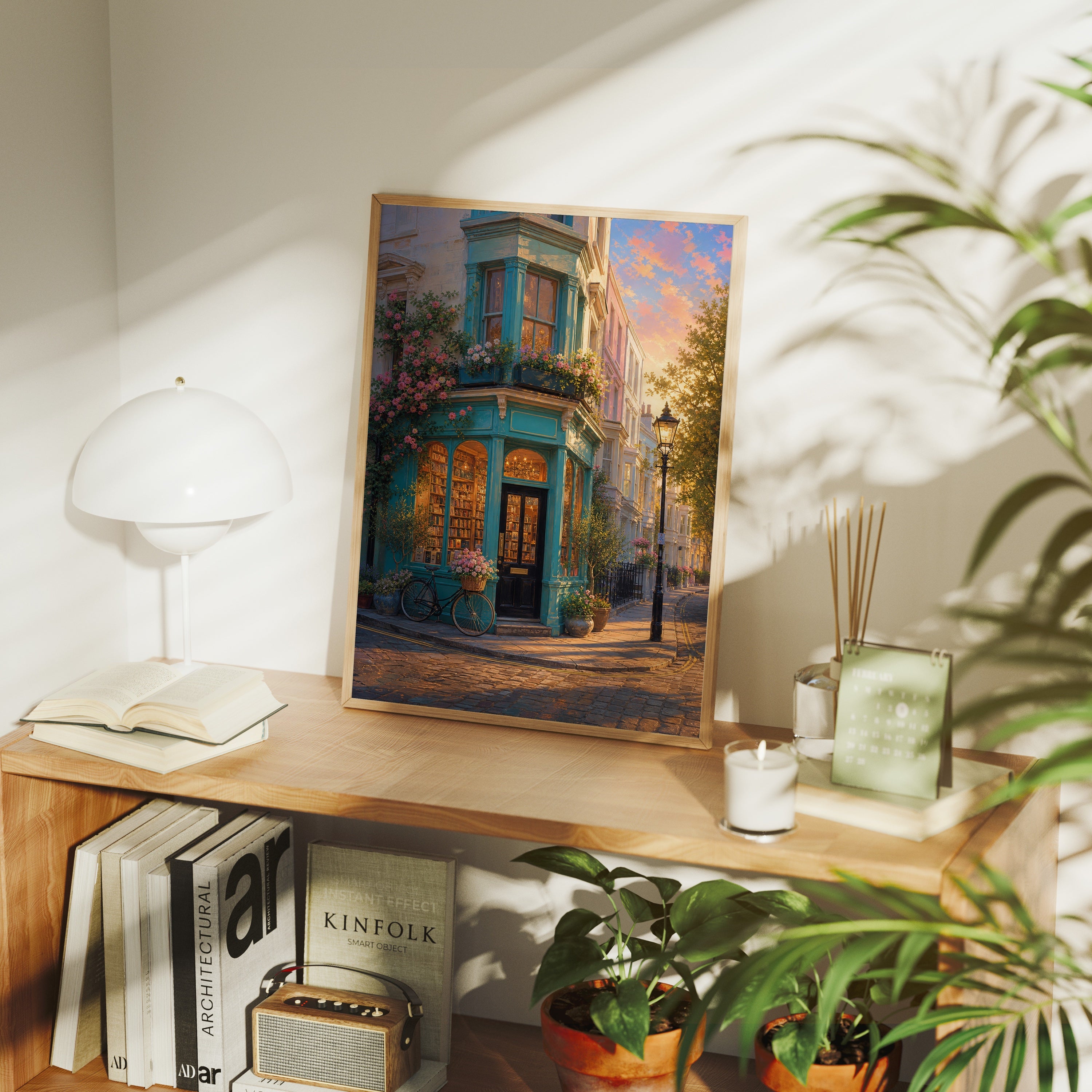 Turquoise Corner Cafe Sunset poster framed room mockup by Seji Art