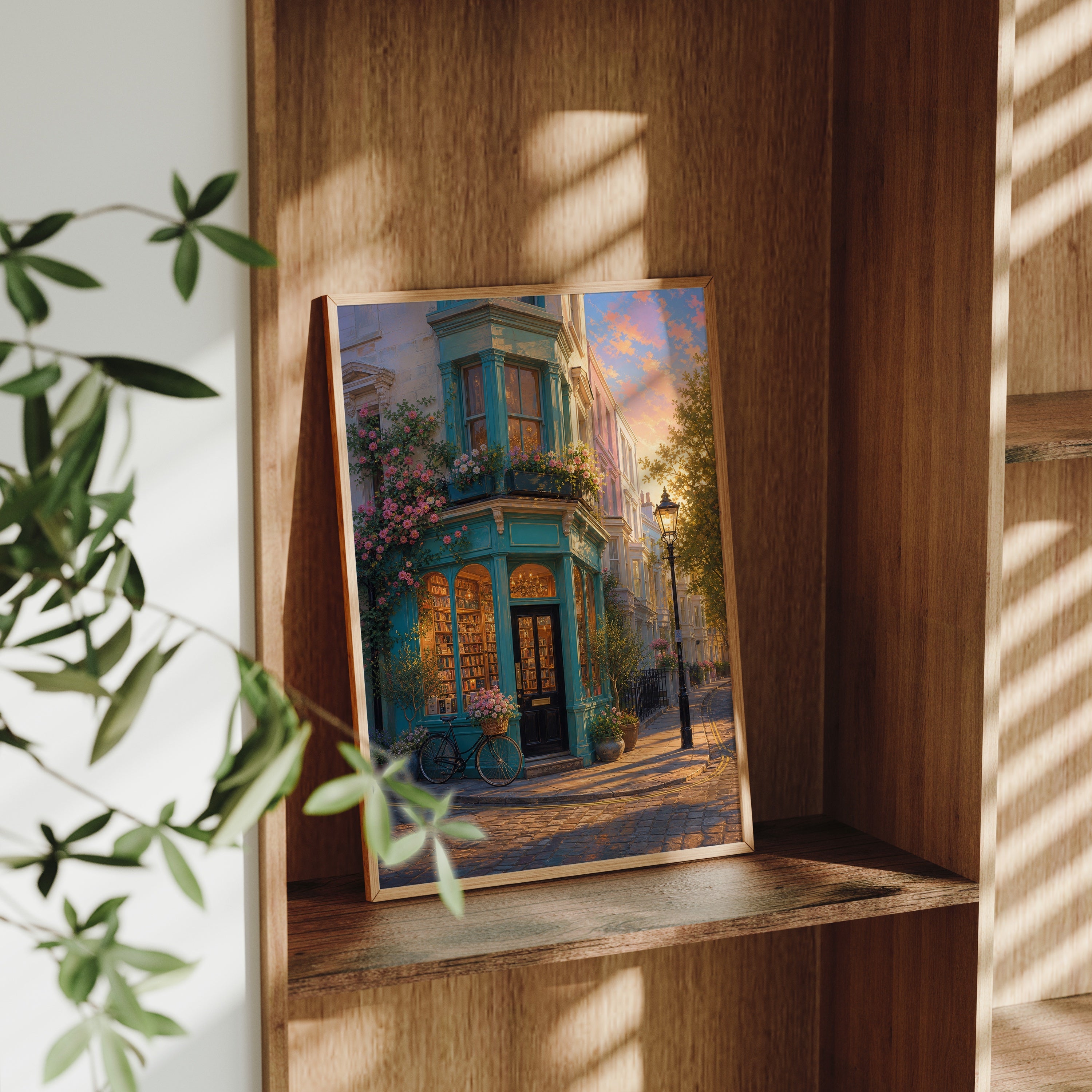 Turquoise Corner Cafe Sunset poster gallery shelf mockup by Seji Art