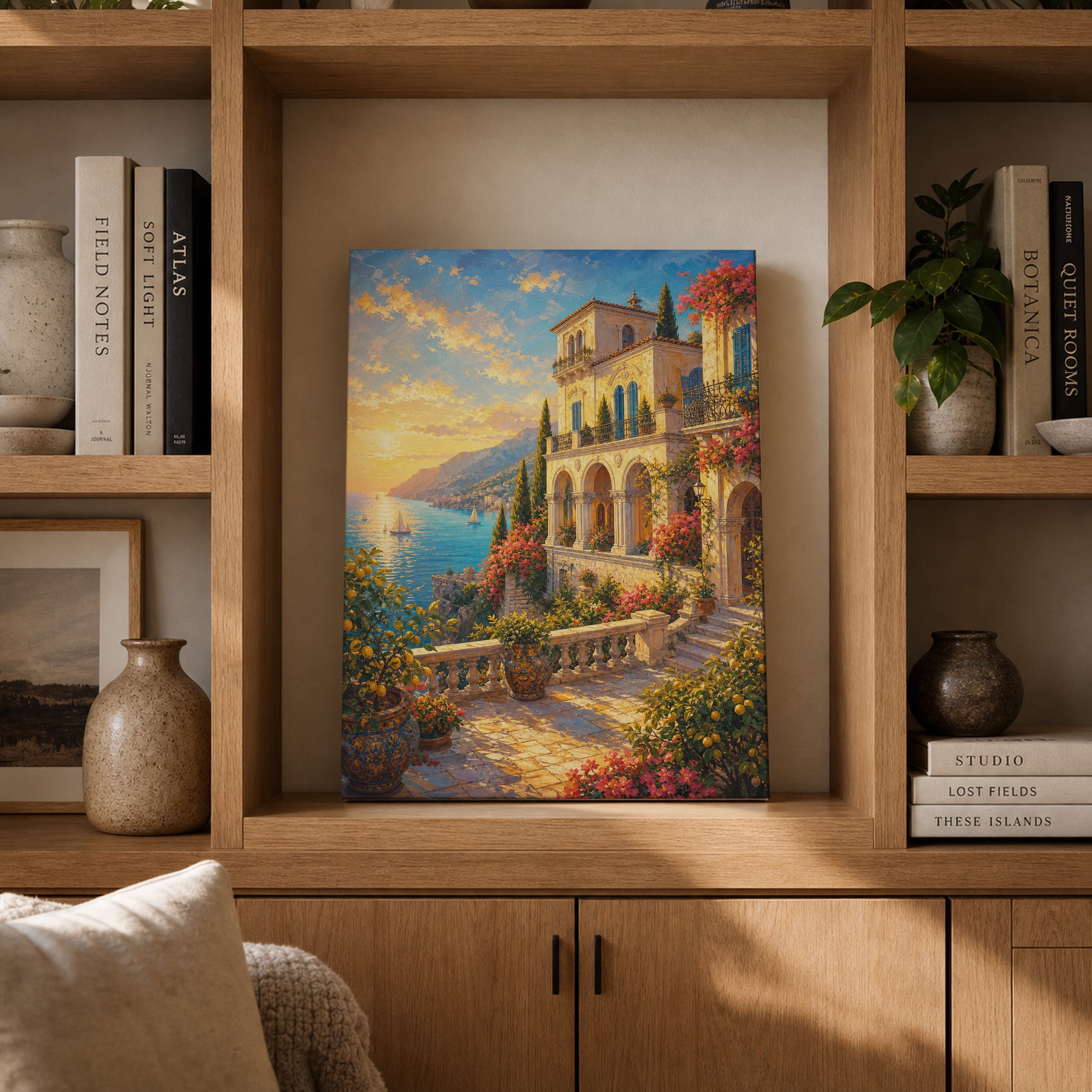 Tuscan Hillside Villa Garden canvas gallery shelf mockup by Seji Art