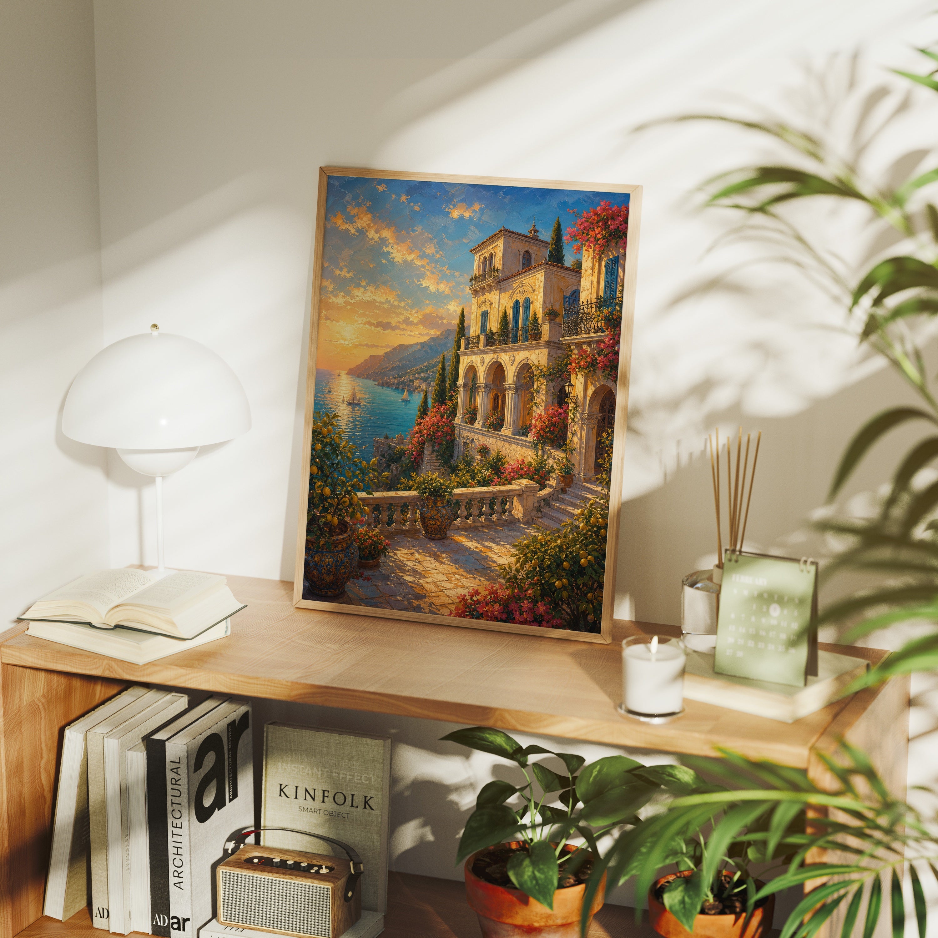 Tuscan Hillside Villa Garden poster framed room mockup by Seji Art