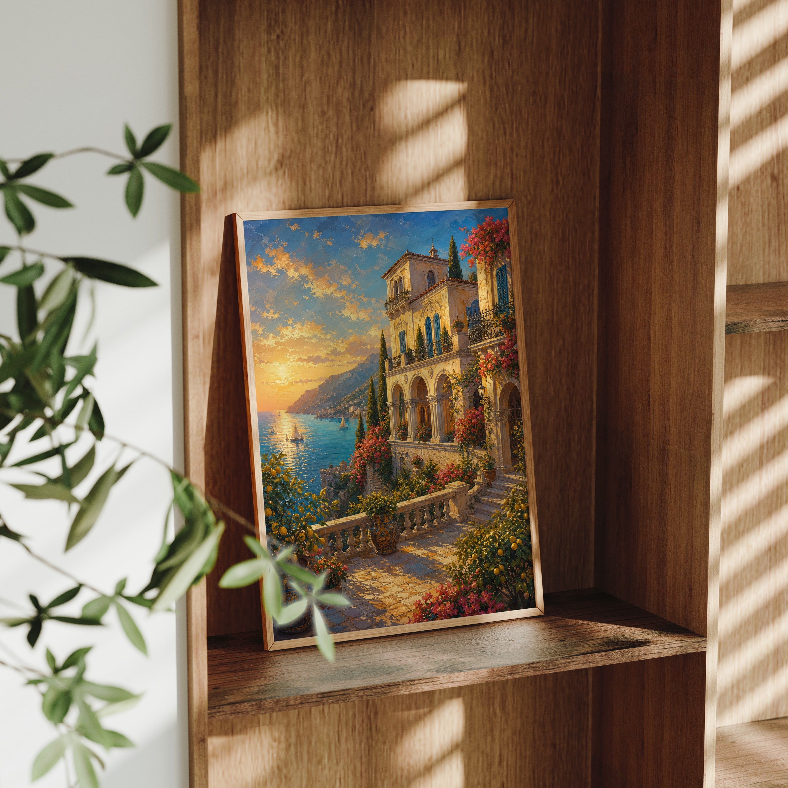 Tuscan Hillside Villa Garden poster gallery shelf mockup by Seji Art