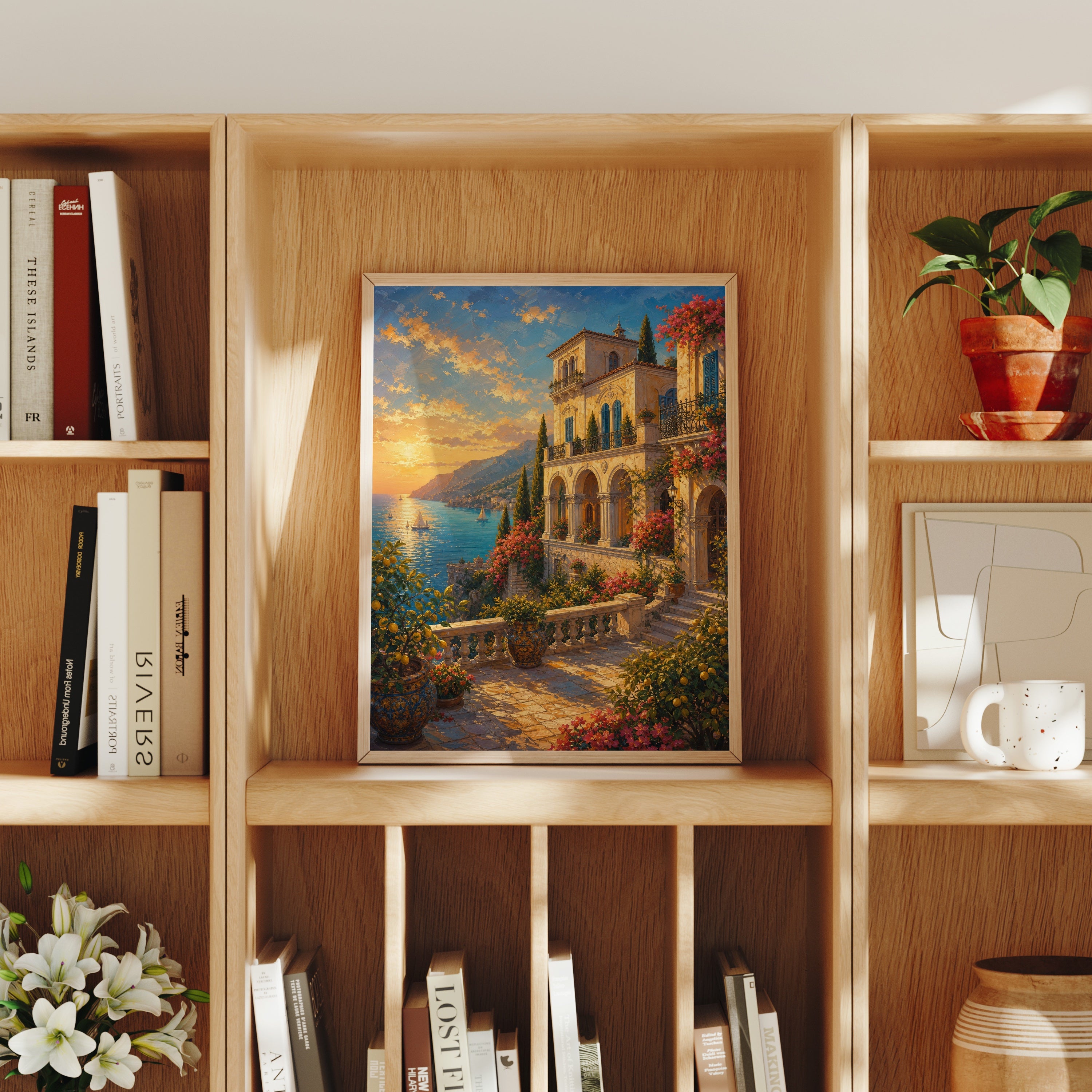 Tuscan Hillside Villa Garden poster home decor mockup by Seji Art