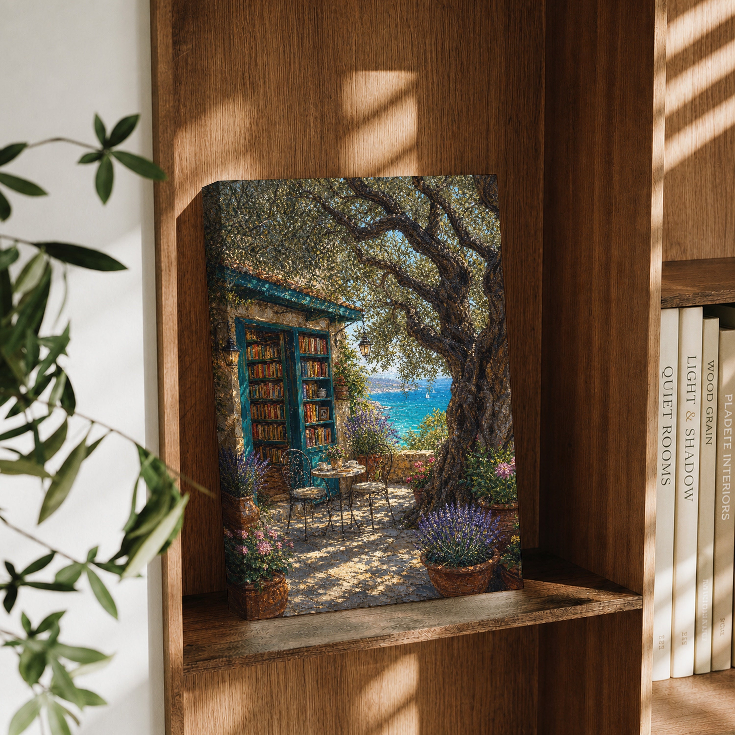Tuscan Stone Cottage Courtyard canvas wall art decor mockup by Seji Art