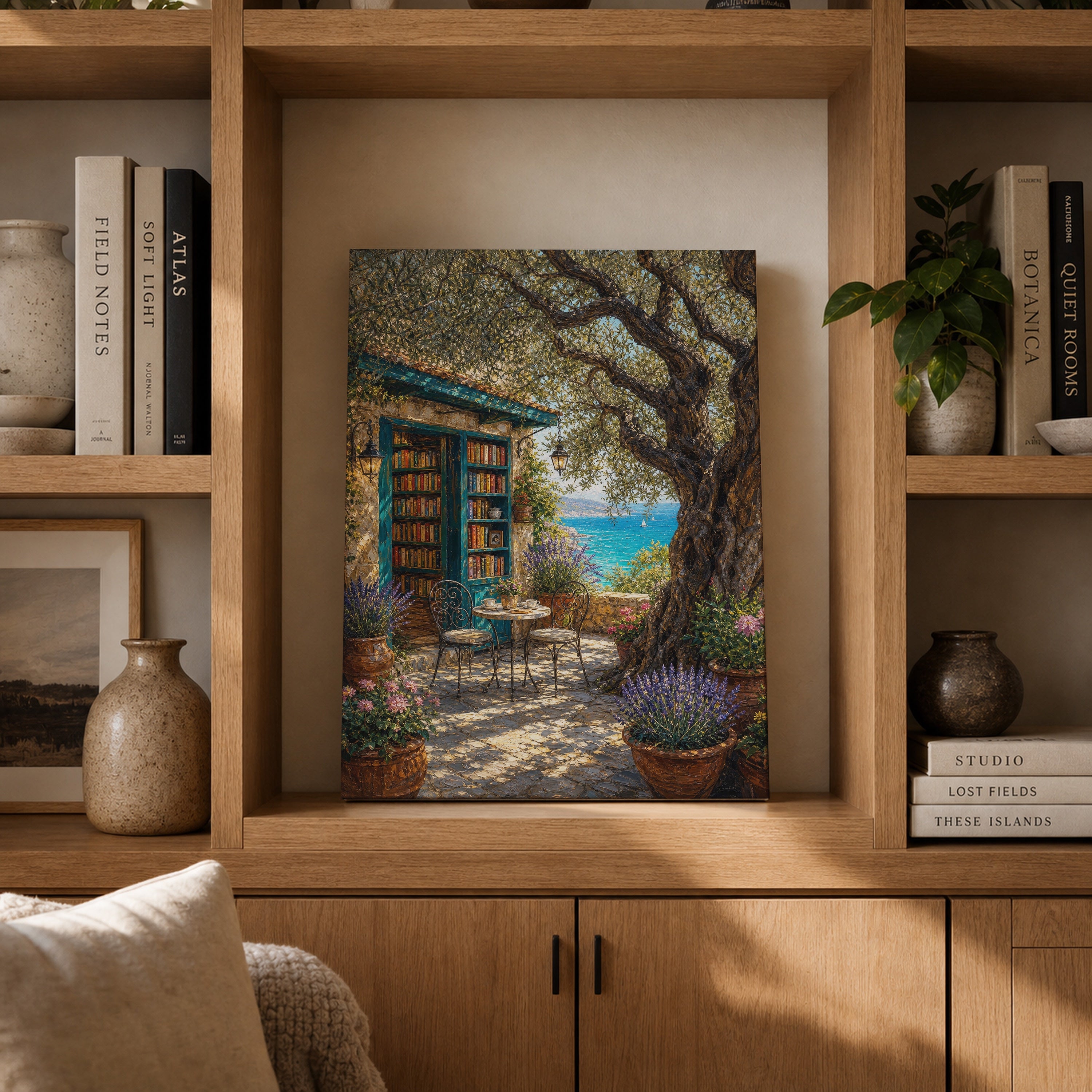 Tuscan Stone Cottage Courtyard canvas gallery shelf mockup by Seji Art