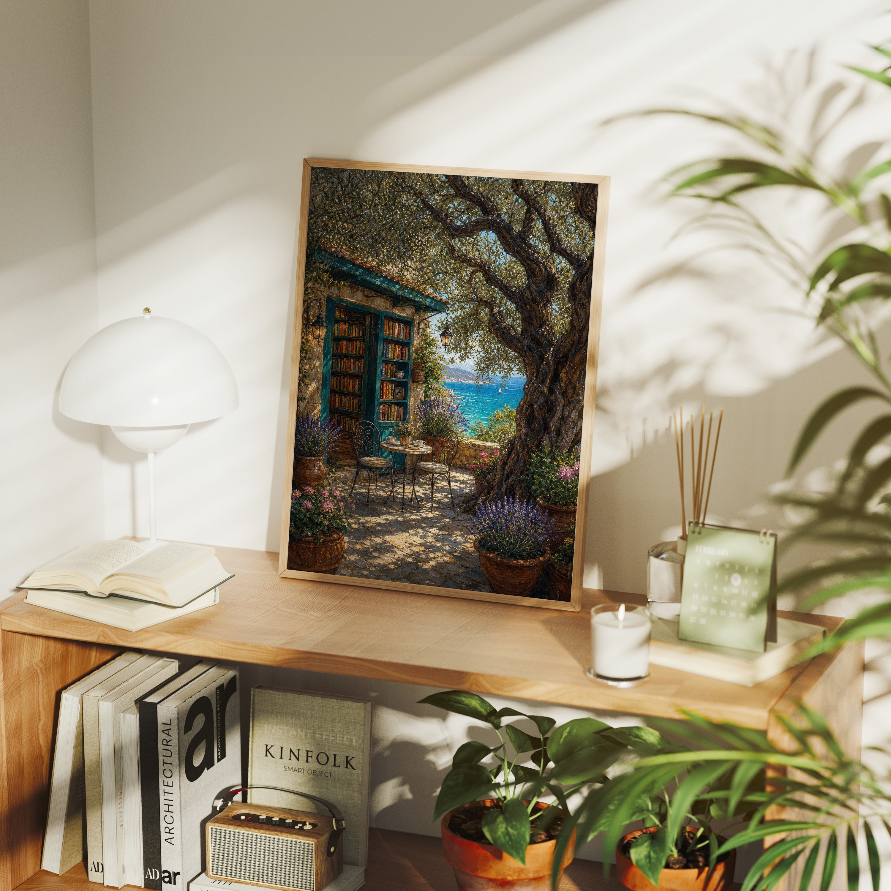 Tuscan Stone Cottage Courtyard poster framed room mockup by Seji Art