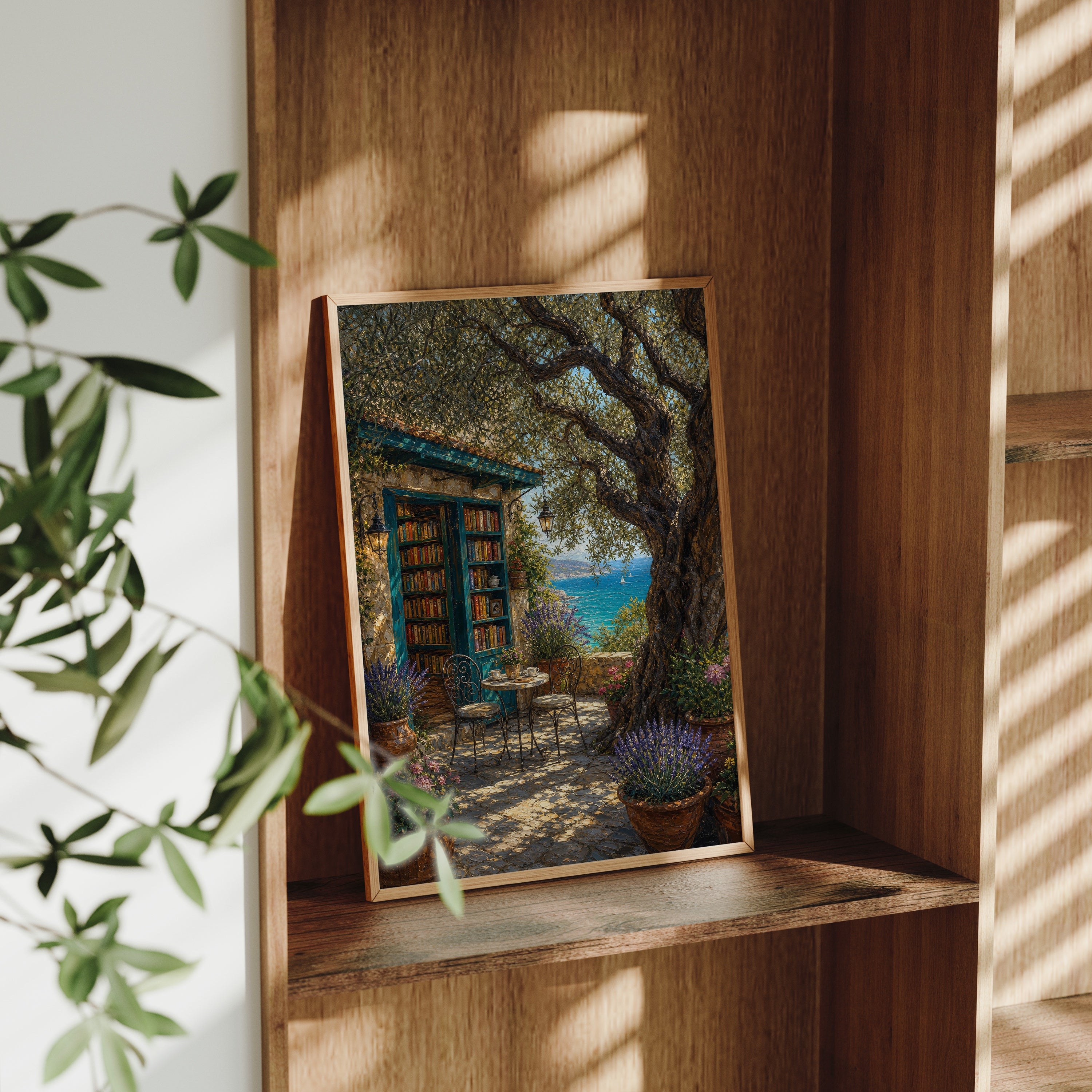 Tuscan Stone Cottage Courtyard poster gallery shelf mockup by Seji Art
