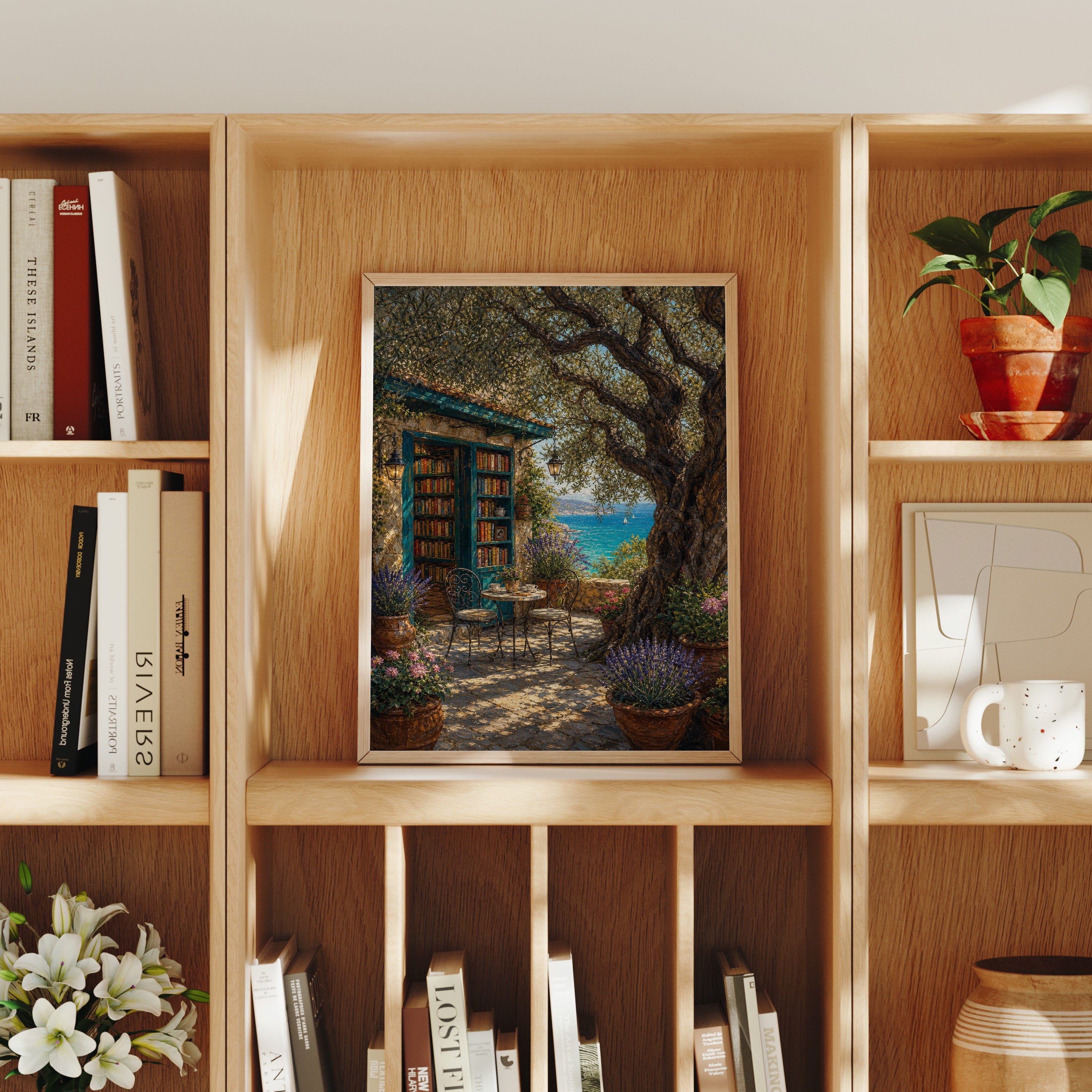 Tuscan Stone Cottage Courtyard poster home decor mockup by Seji Art