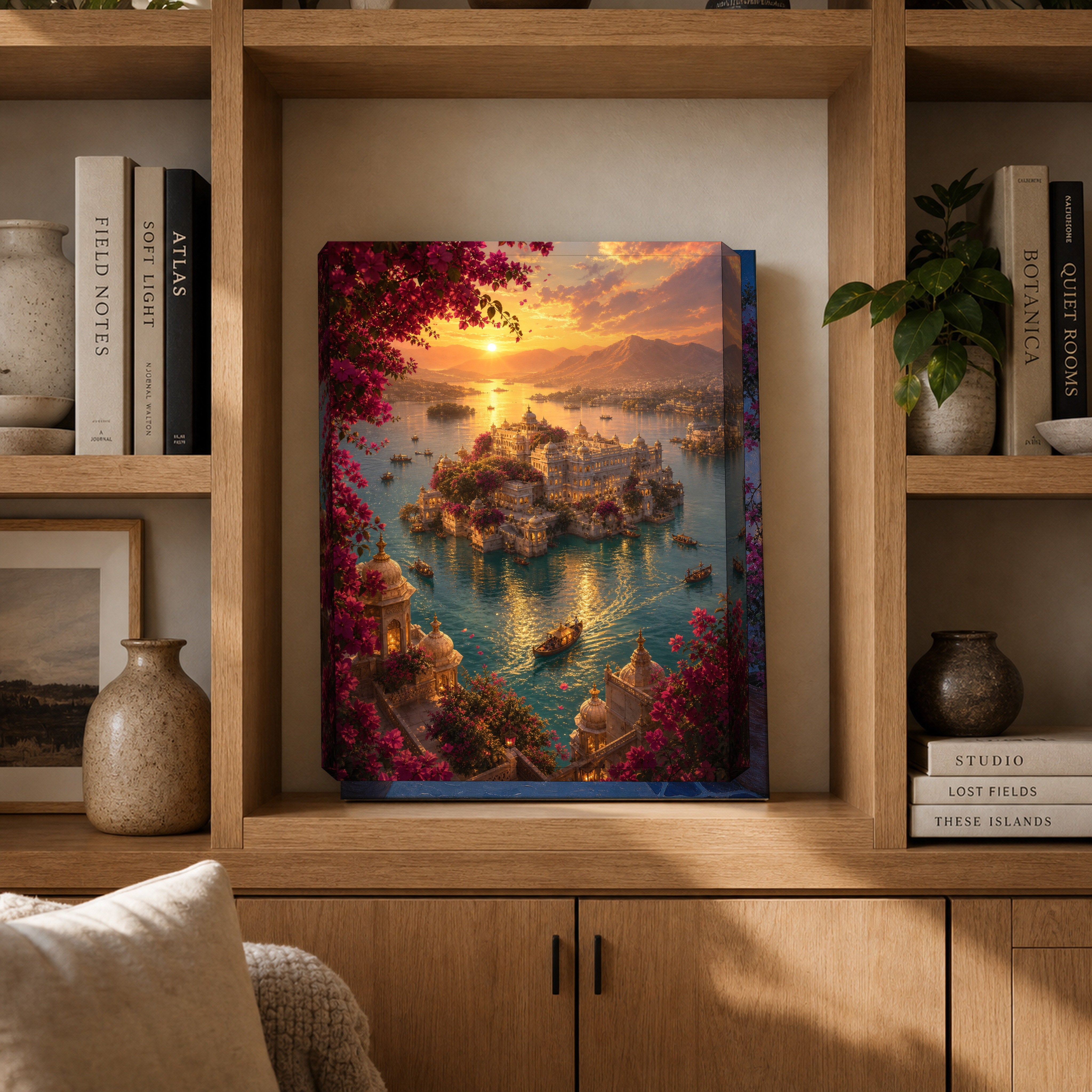 Udaipur Aerial Palace Island canvas gallery shelf mockup by Seji Art