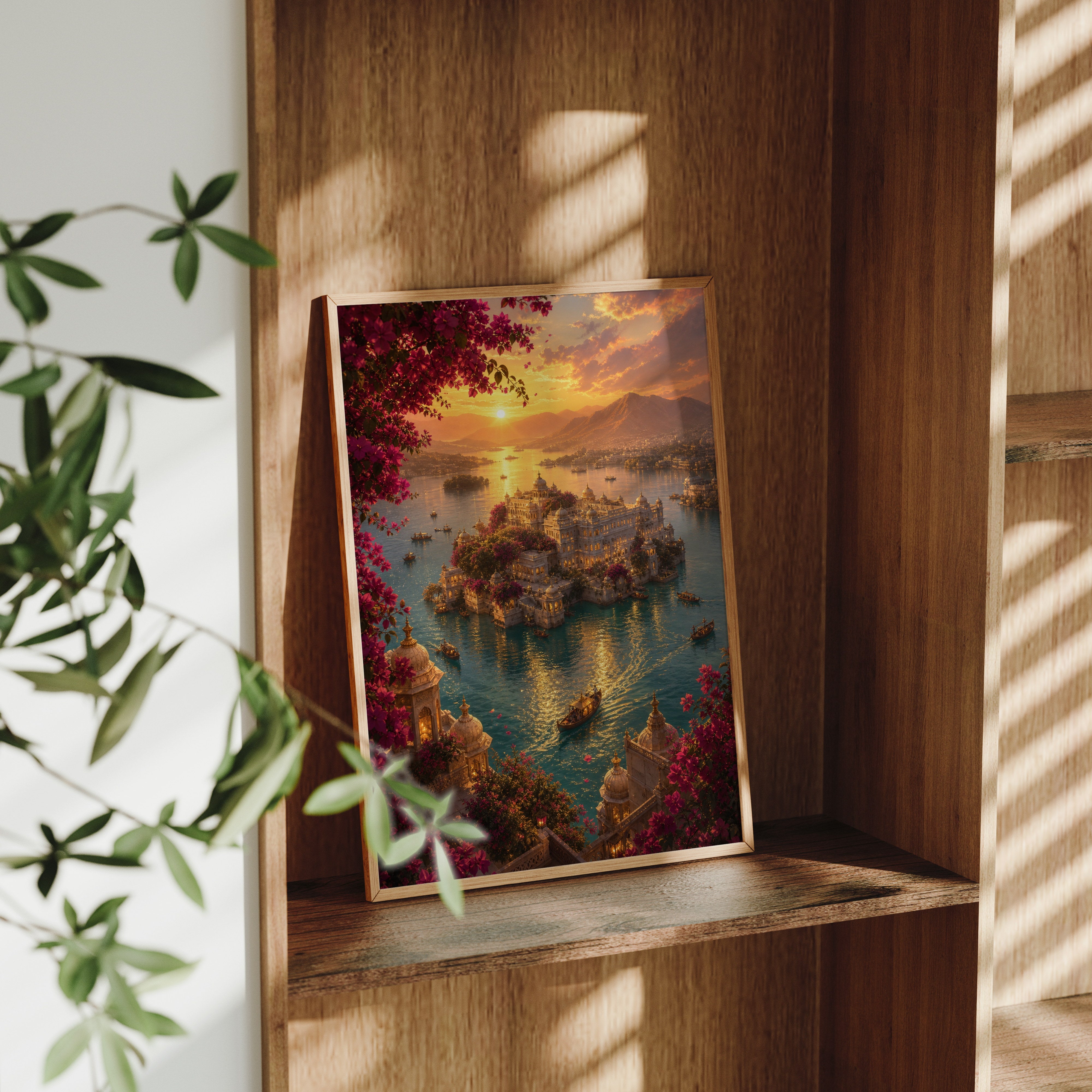 Udaipur Aerial Palace Island poster framed room mockup by Seji Art