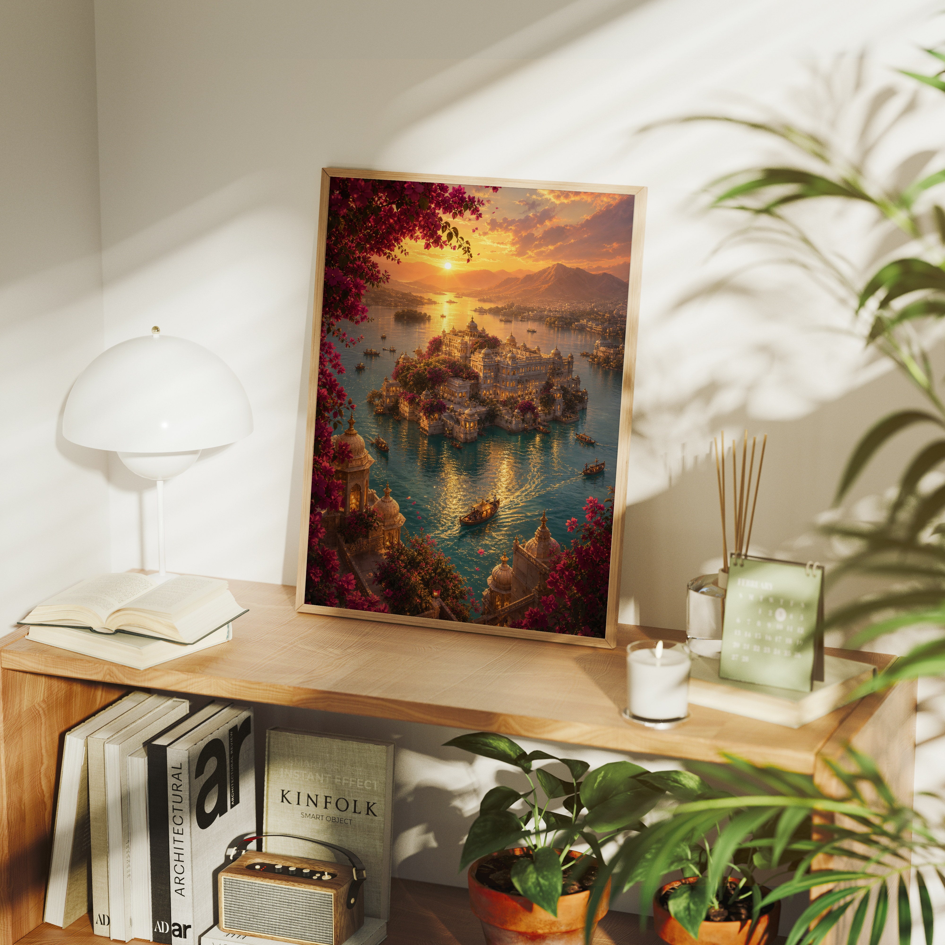 Udaipur Aerial Palace Island poster gallery shelf mockup by Seji Art
