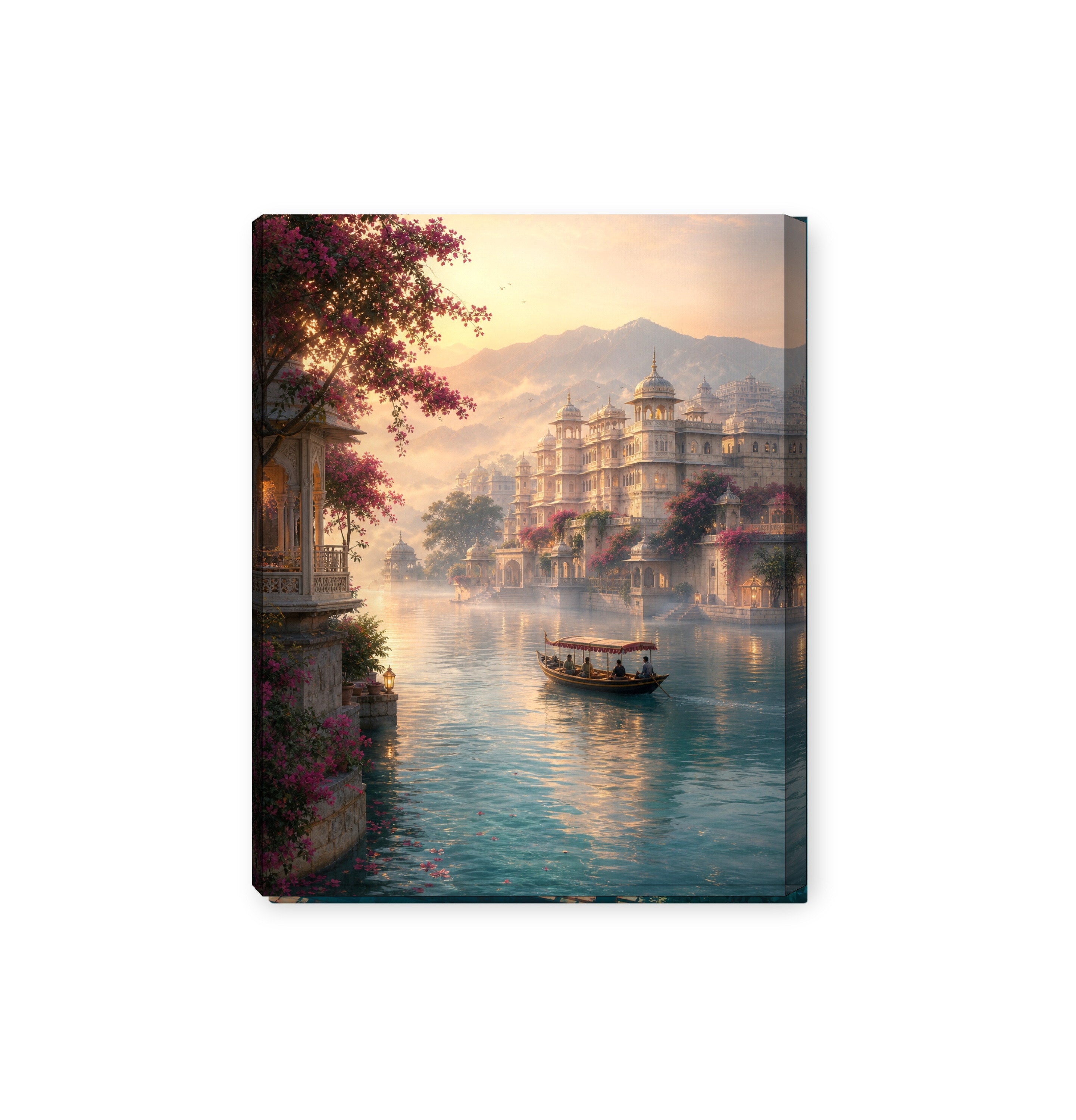Udaipur Dawn Mist Lake Palace canvas wall art preview by Seji Art