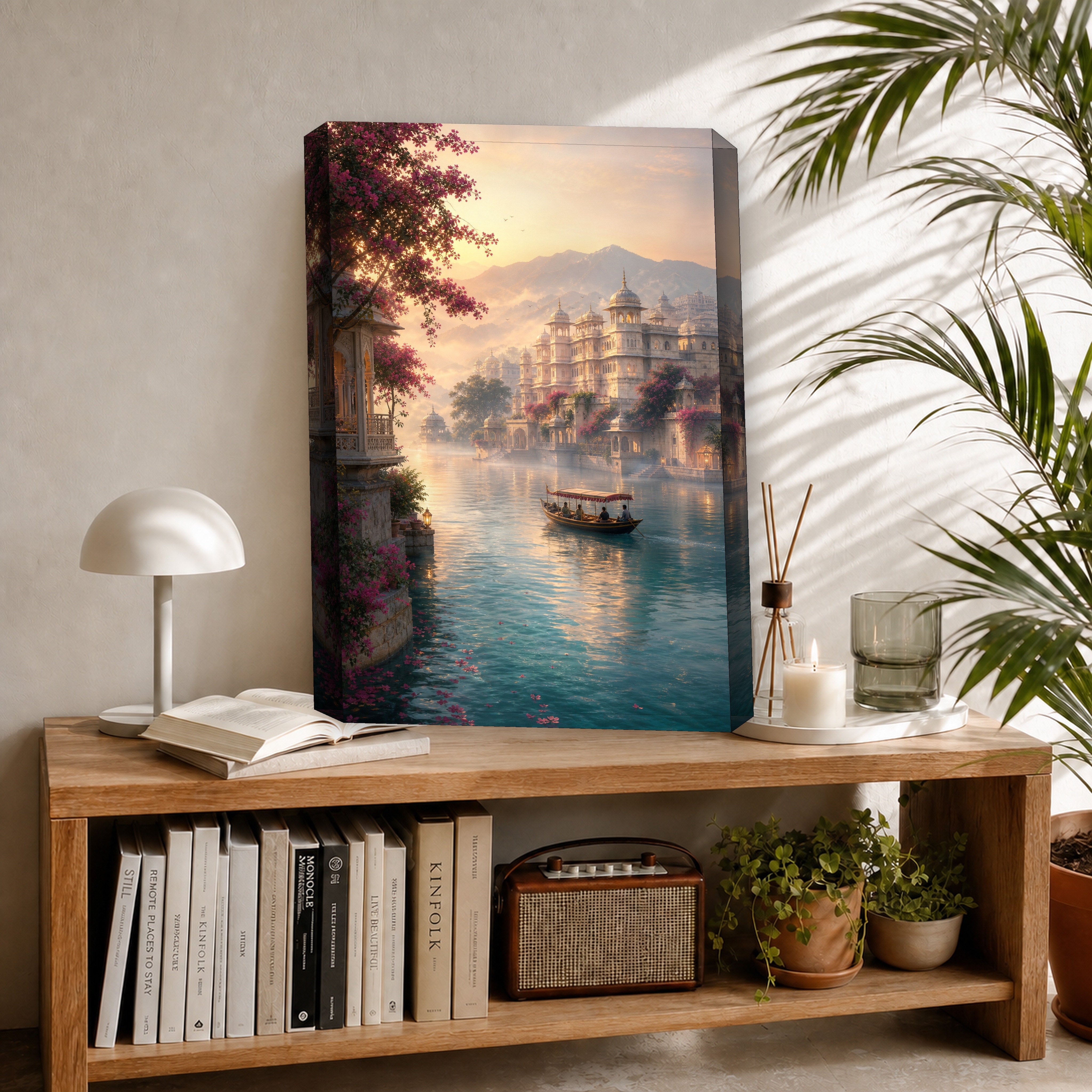Udaipur Dawn Mist Lake Palace canvas room mockup by Seji Art