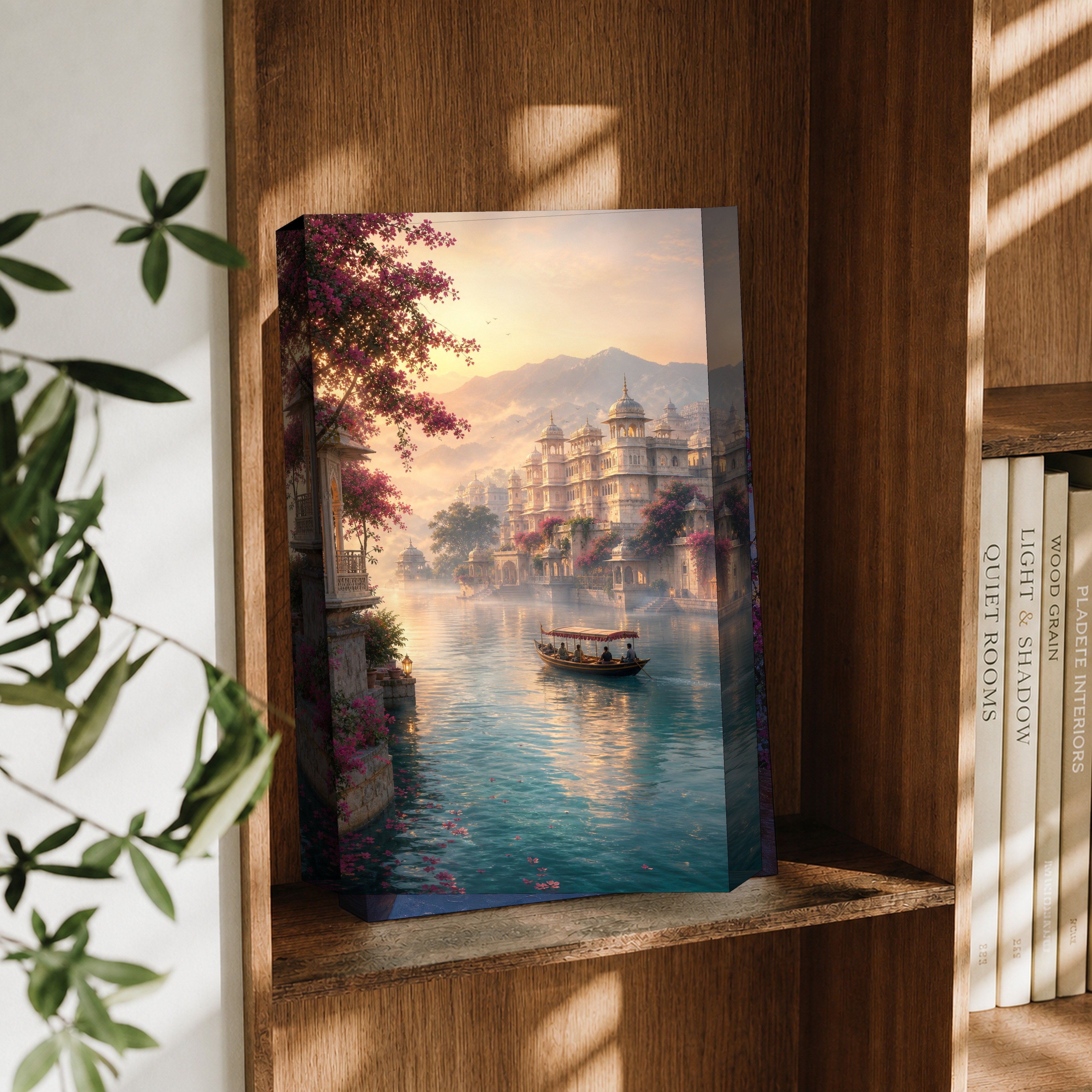 Udaipur Dawn Mist Lake Palace canvas wall art decor mockup by Seji Art