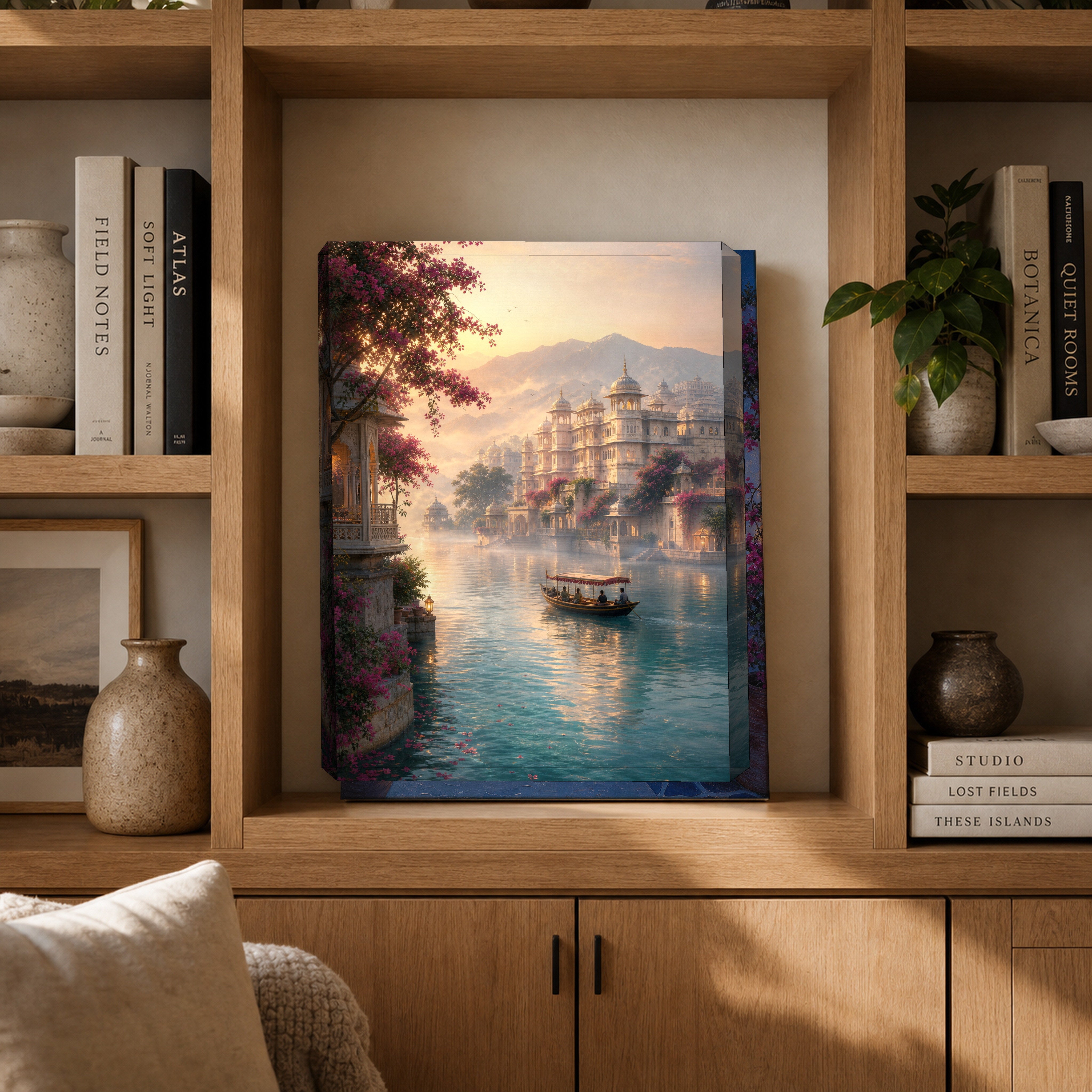 Udaipur Dawn Mist Lake Palace canvas gallery shelf mockup by Seji Art