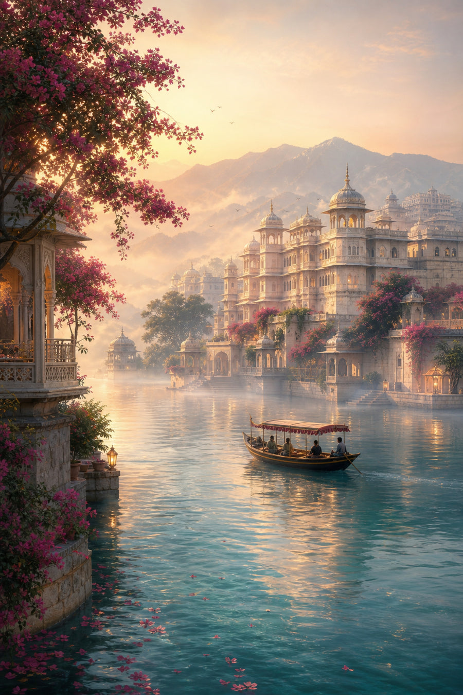 Udaipur Dawn Mist Lake Palace poster print preview by Seji Art