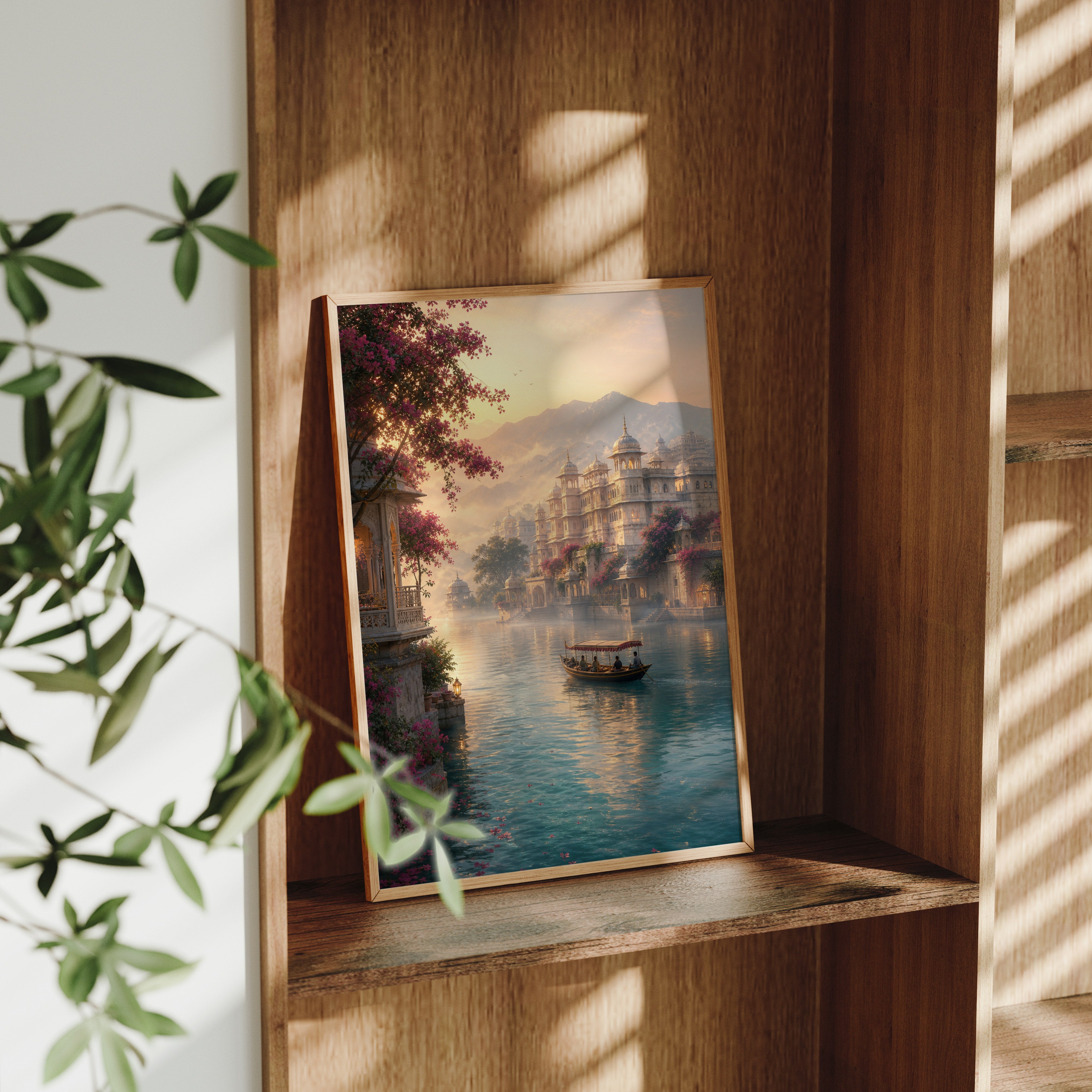 Udaipur Dawn Mist Lake Palace poster framed room mockup by Seji Art