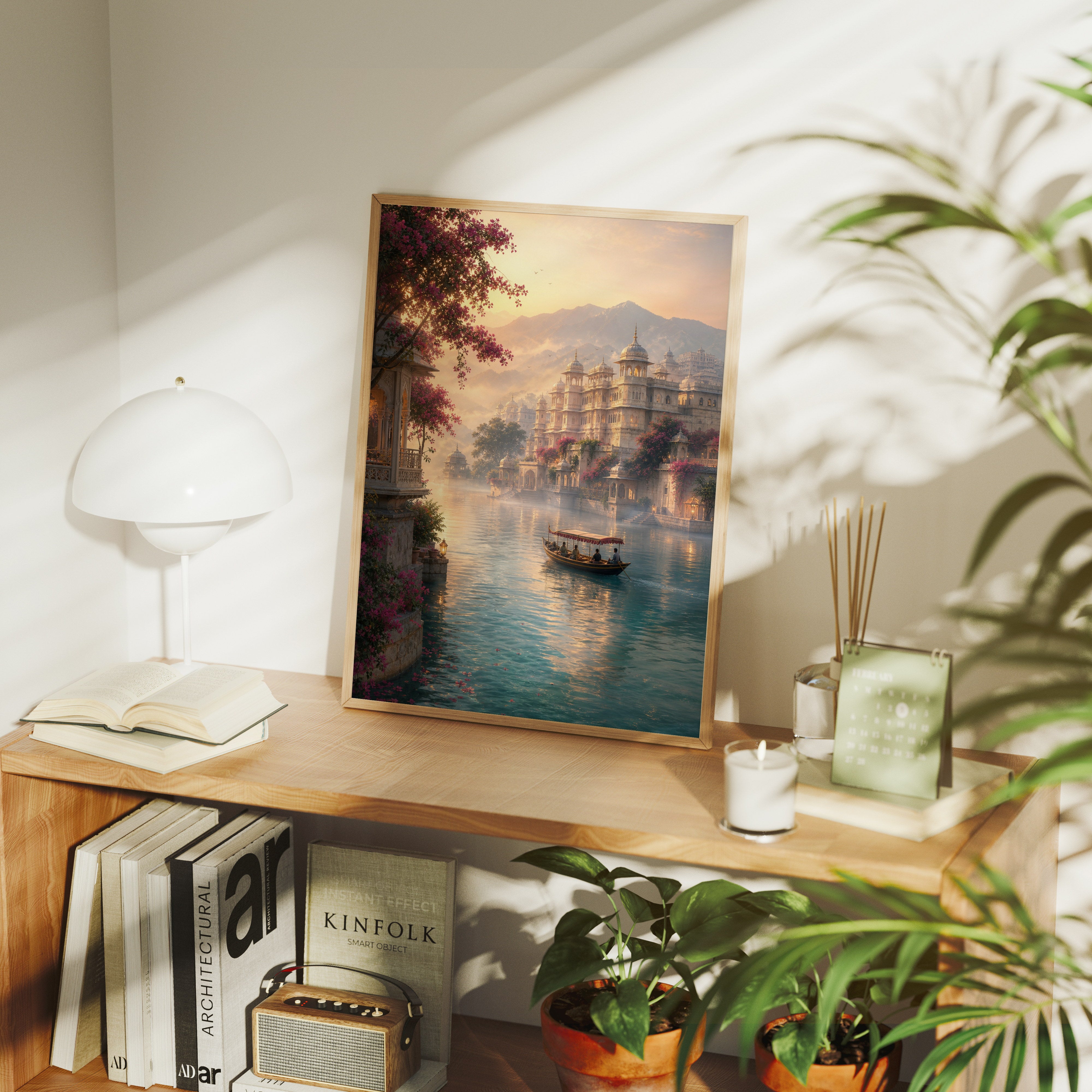 Udaipur Dawn Mist Lake Palace poster gallery shelf mockup by Seji Art