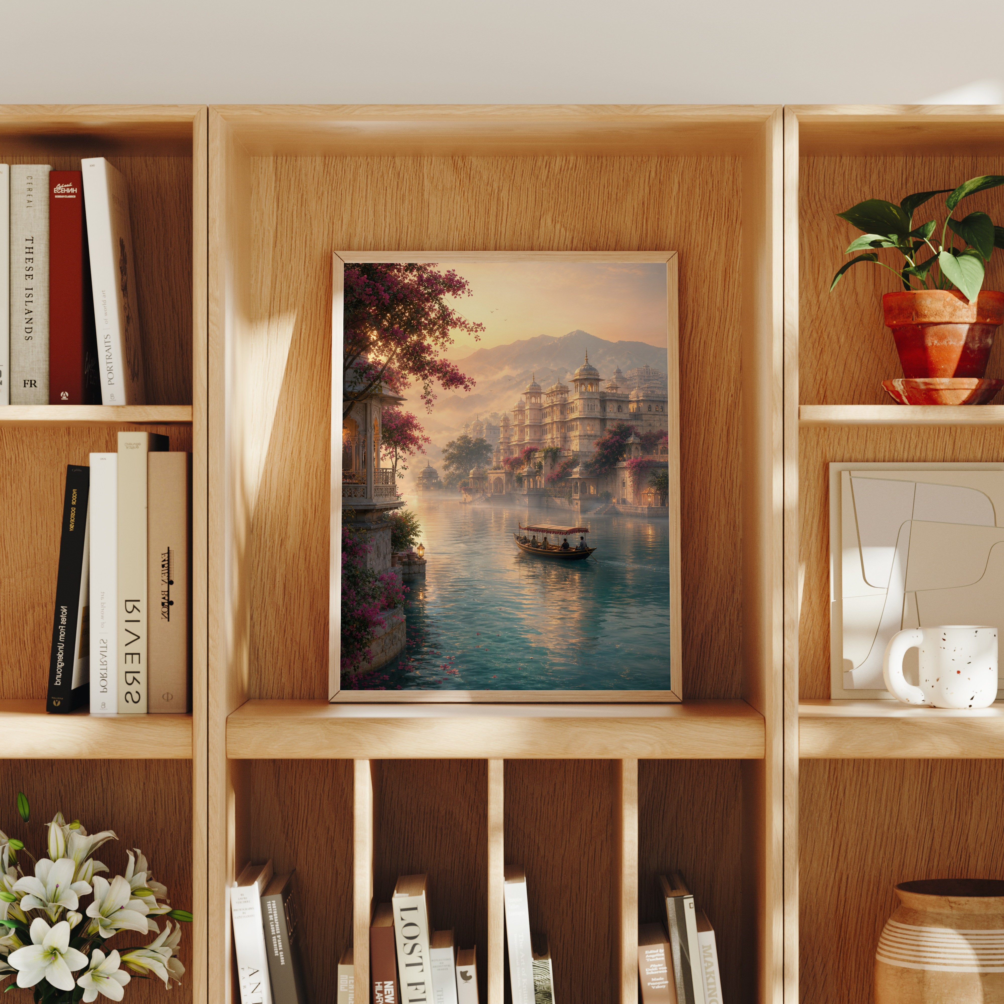 Udaipur Dawn Mist Lake Palace poster home decor mockup by Seji Art