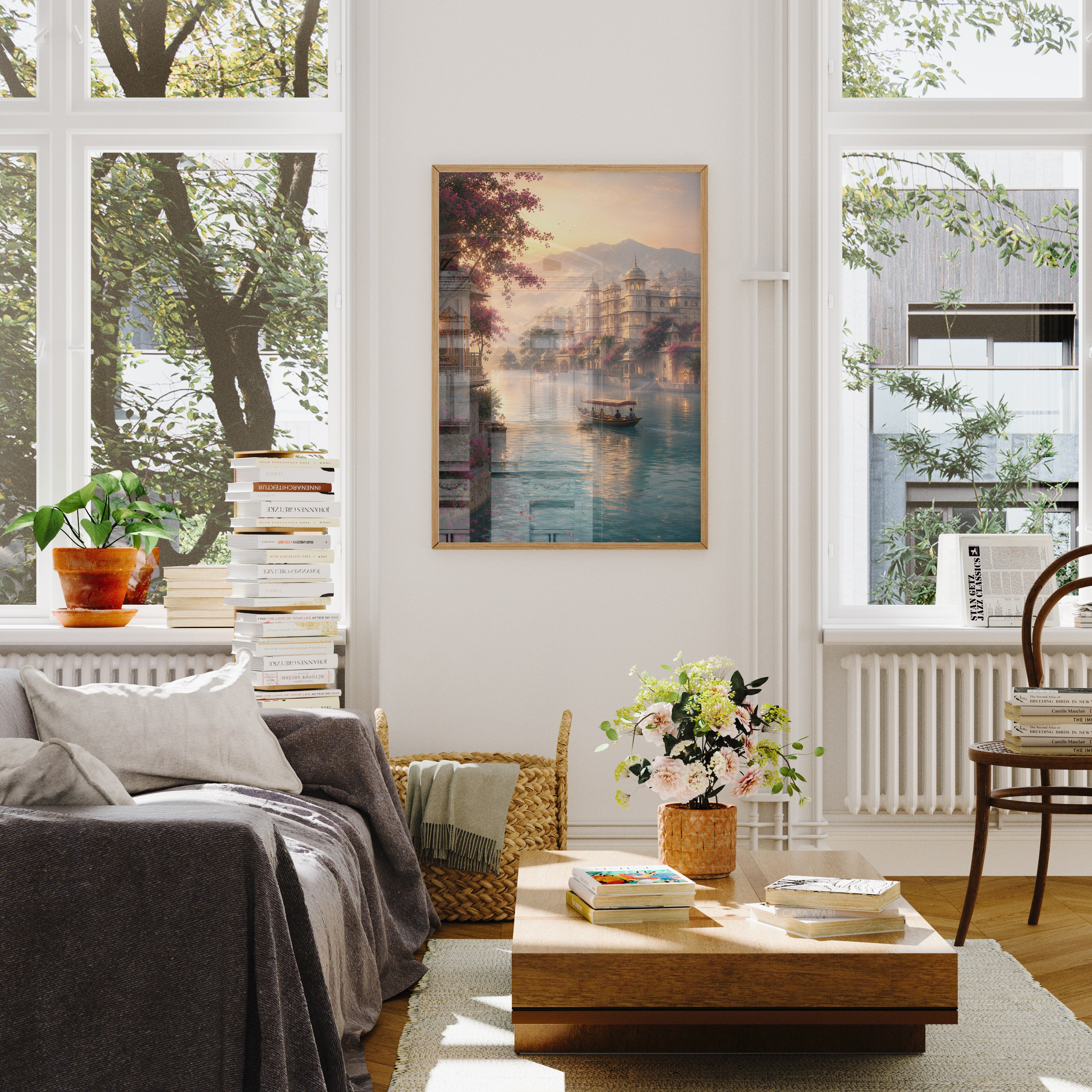 Udaipur Dawn Mist Lake Palace poster wall art mockup by Seji Art