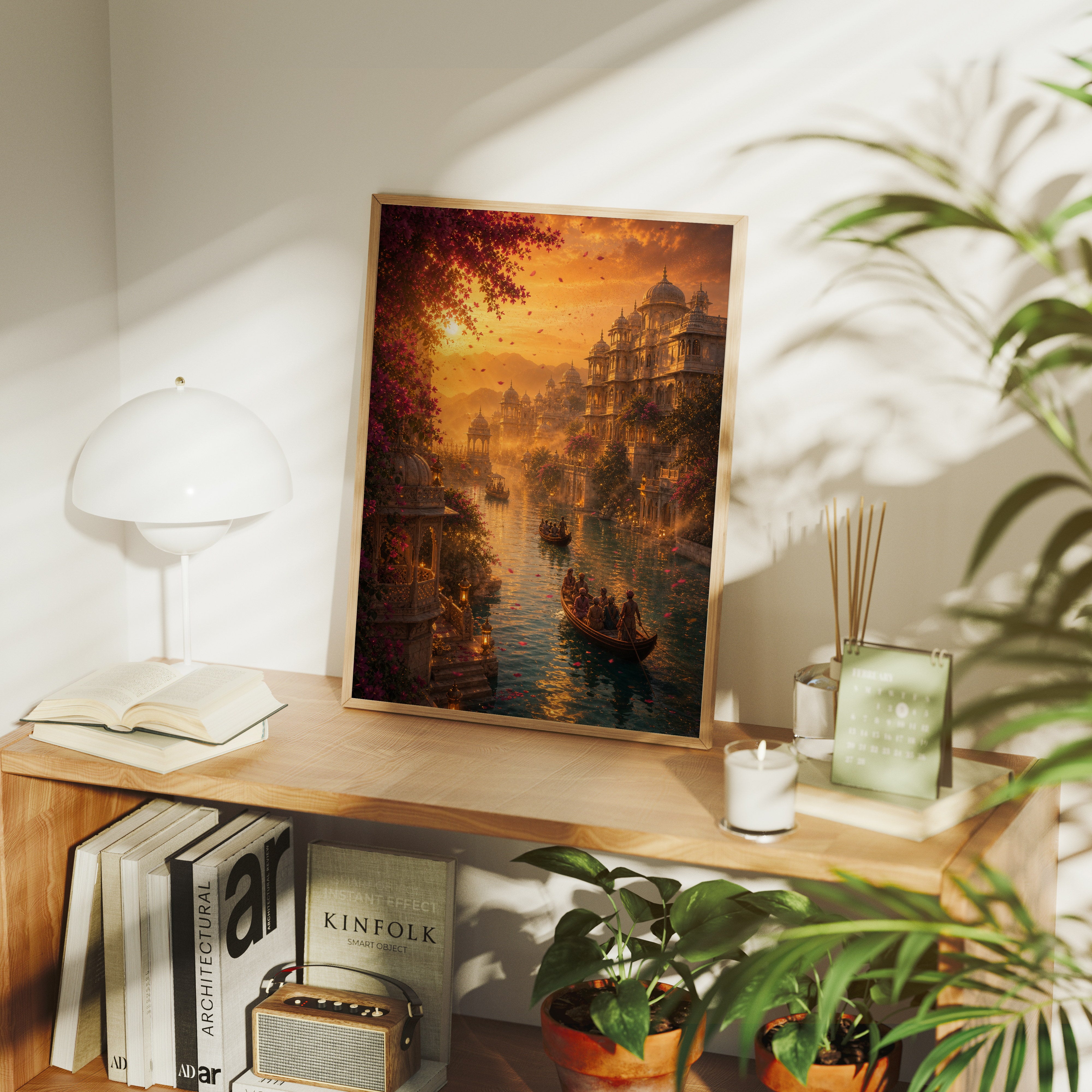 Udaipur Desert Wind Sunset poster gallery shelf mockup by Seji Art