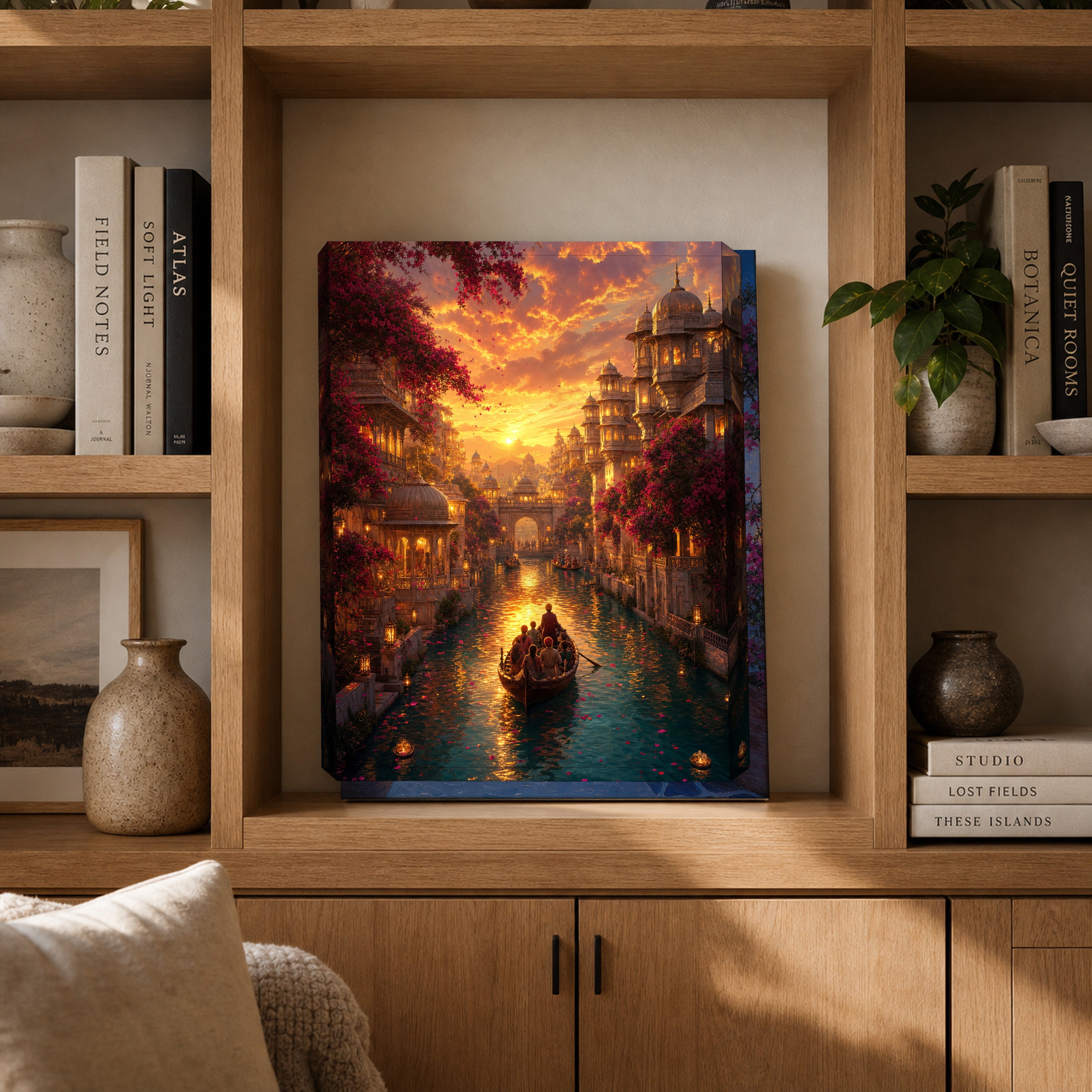 Udaipur Dramatic Sunset Palace canvas gallery shelf mockup by Seji Art